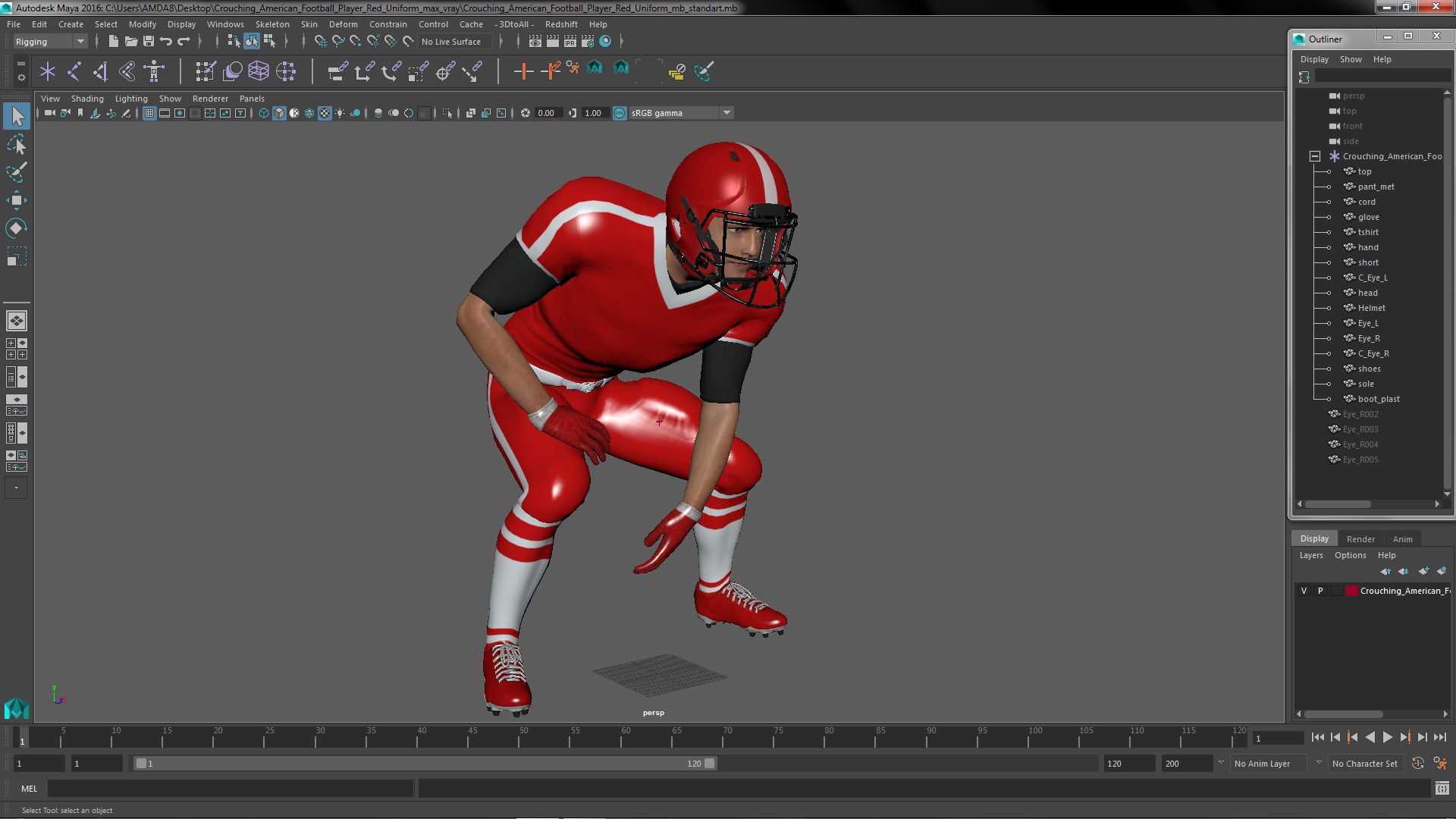 3D Crouching American Football Player Red Uniform