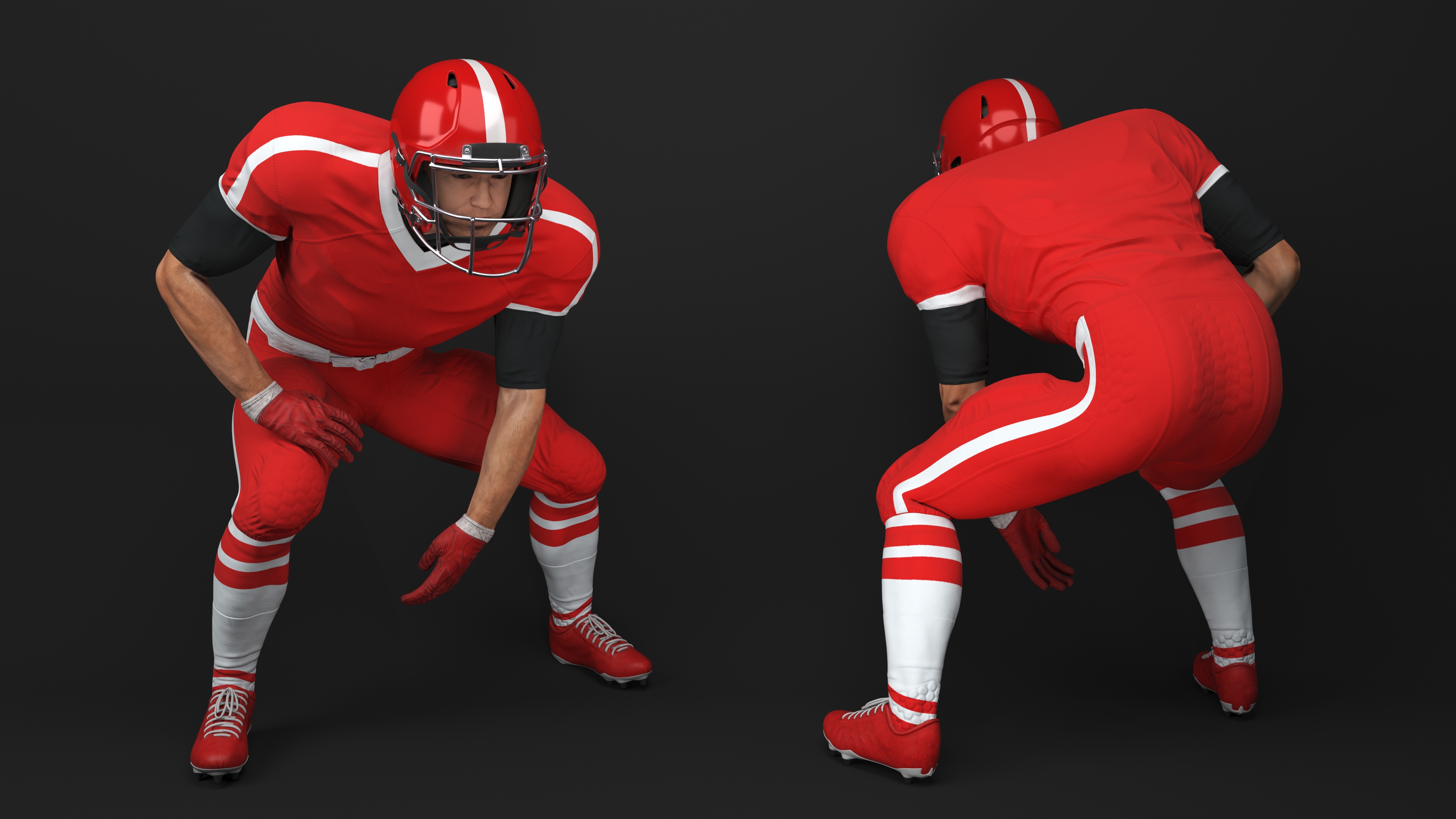 3D Crouching American Football Player Red Uniform