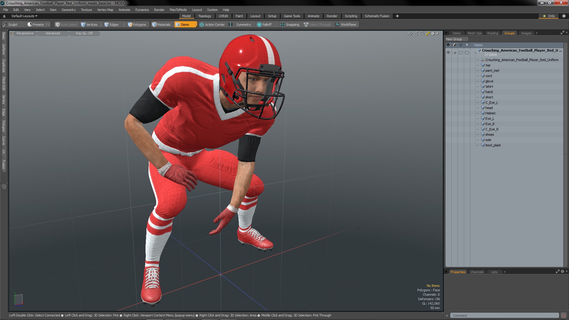 3D Crouching American Football Player Red Uniform