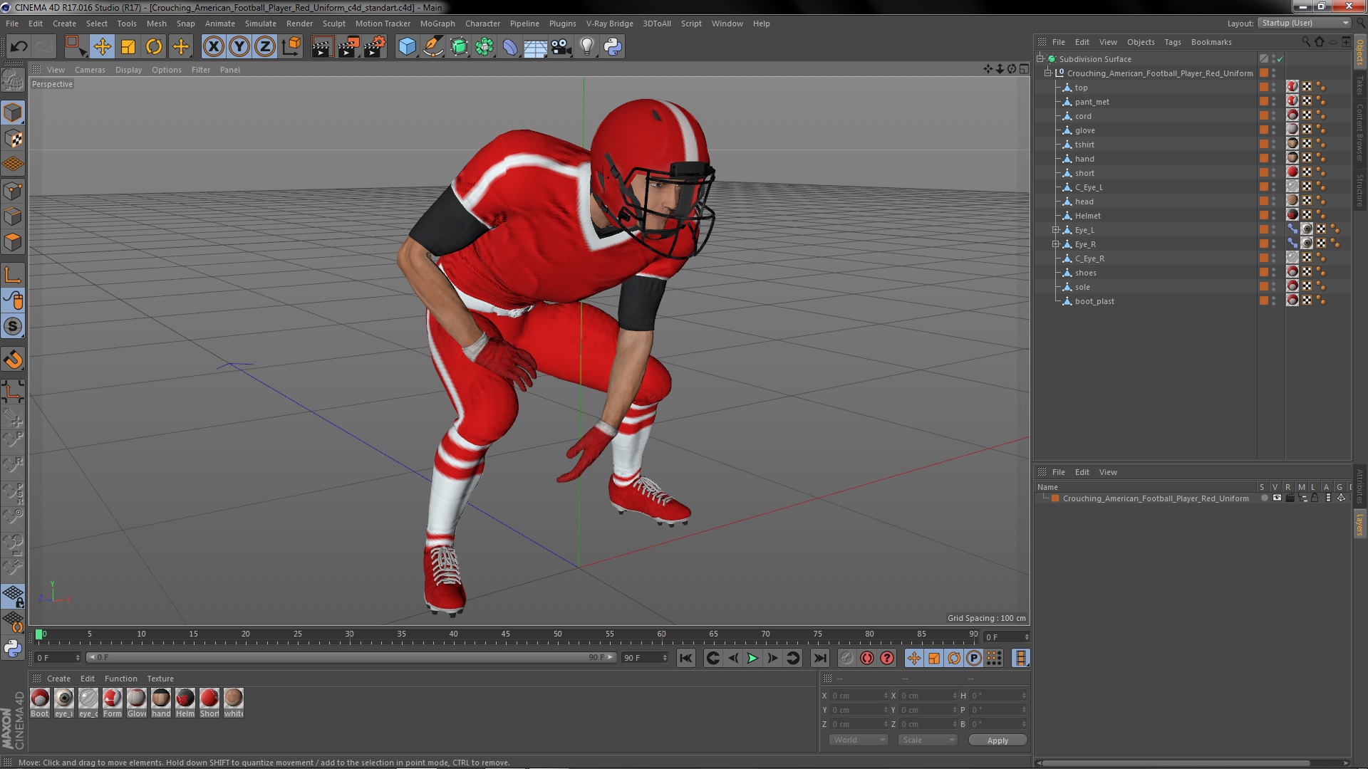 3D Crouching American Football Player Red Uniform