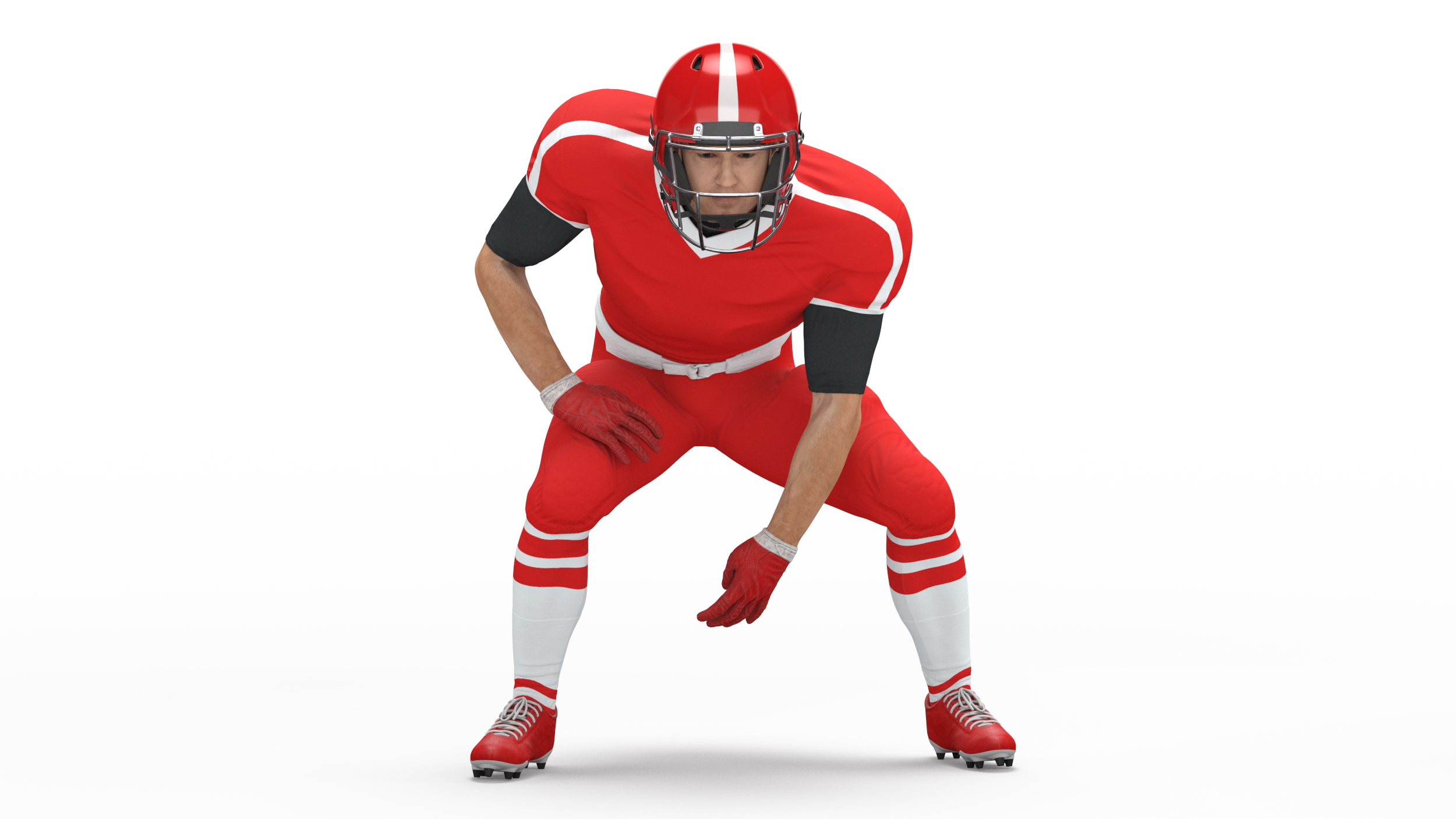 3D Crouching American Football Player Red Uniform