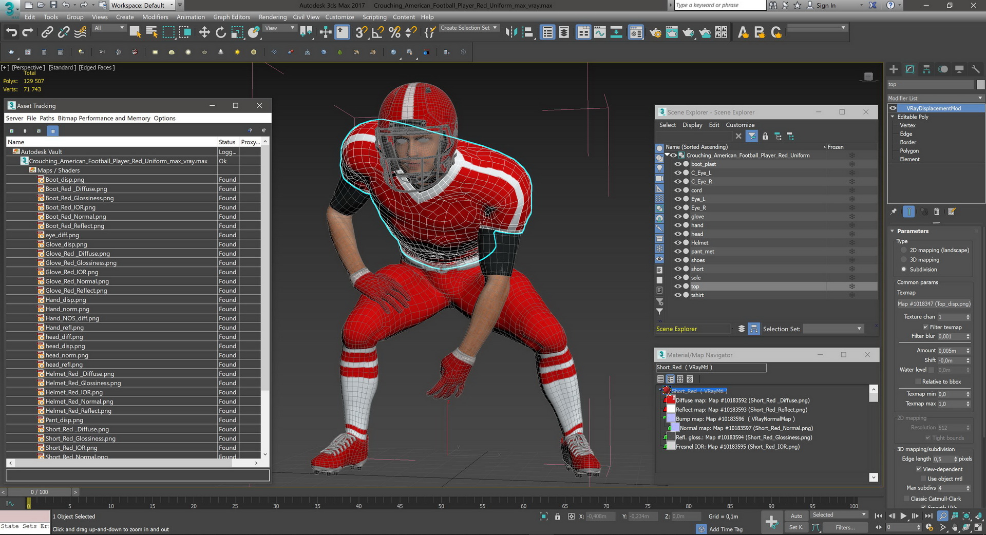 3D Crouching American Football Player Red Uniform