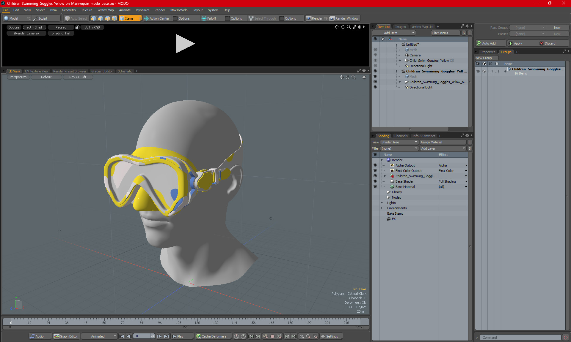 3D model Children Swimming Goggles Yellow on Mannequin