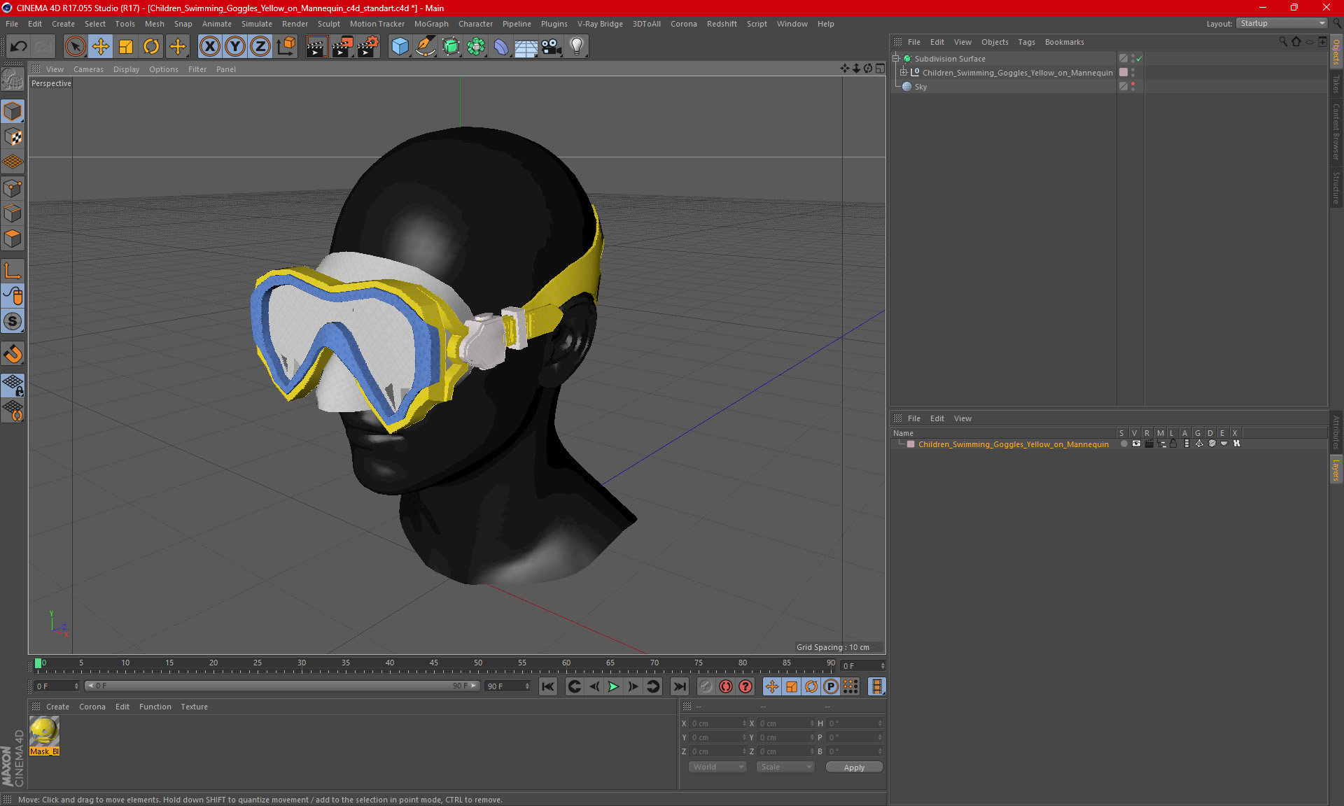 3D model Children Swimming Goggles Yellow on Mannequin