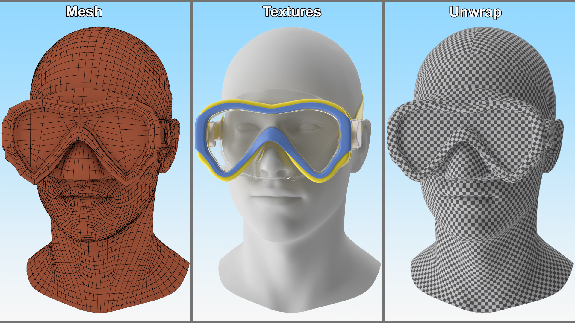 3D model Children Swimming Goggles Yellow on Mannequin