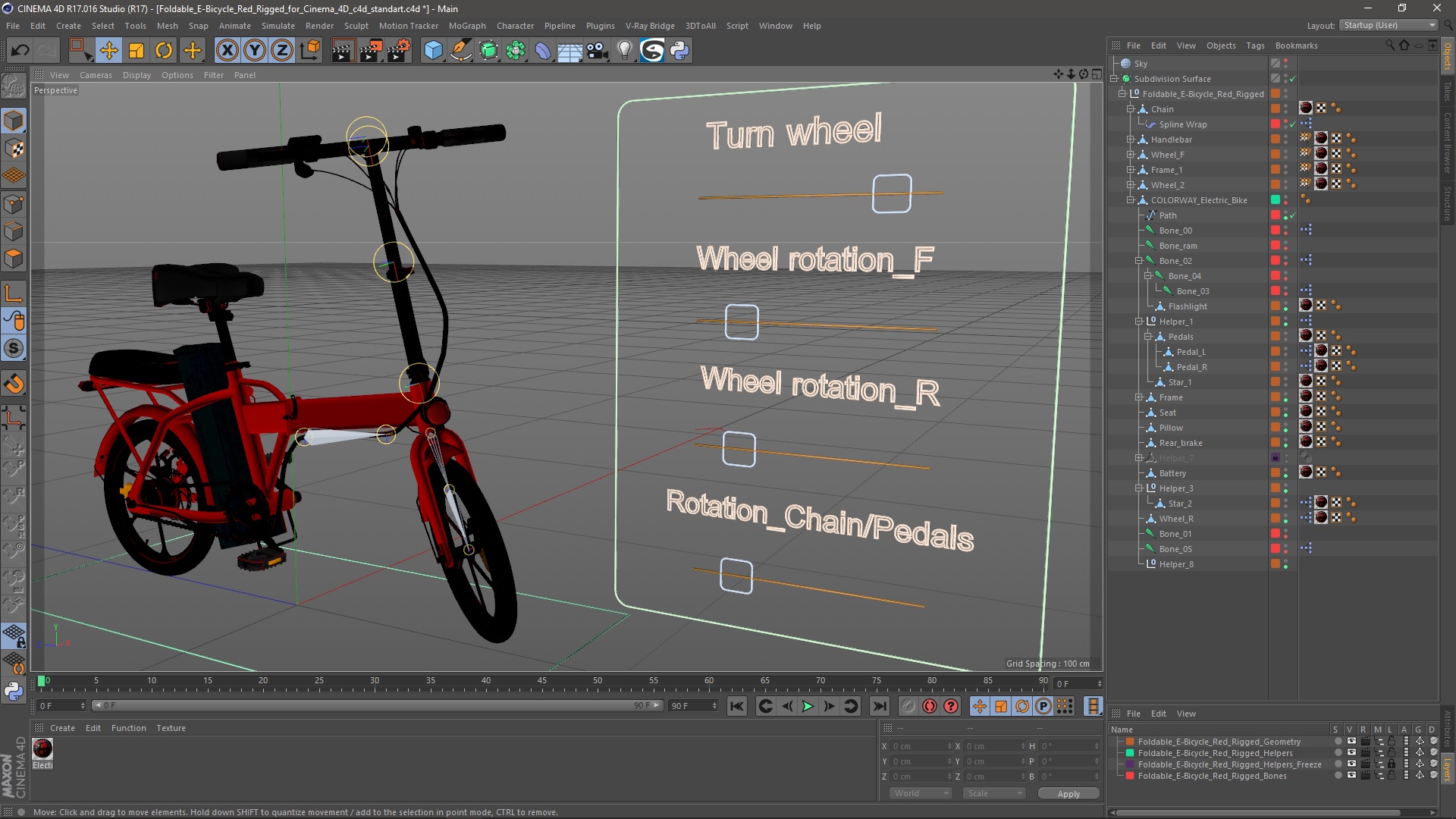 3D Foldable E-Bicycle Red Rigged for Cinema 4D model