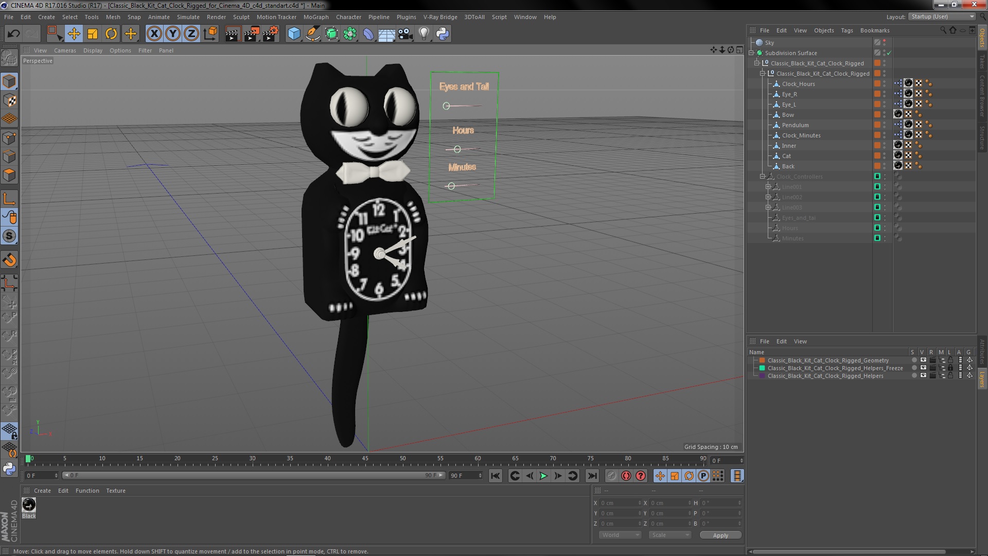 3D Classic Black Kit Cat Clock Rigged for Cinema 4D model