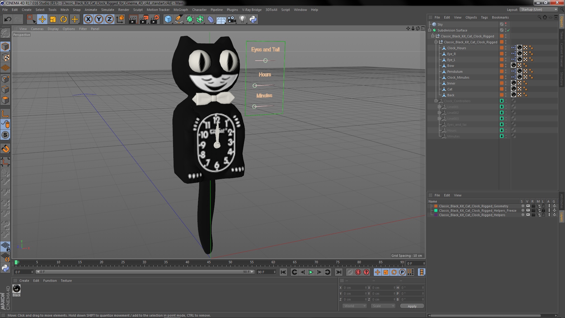 3D Classic Black Kit Cat Clock Rigged for Cinema 4D model