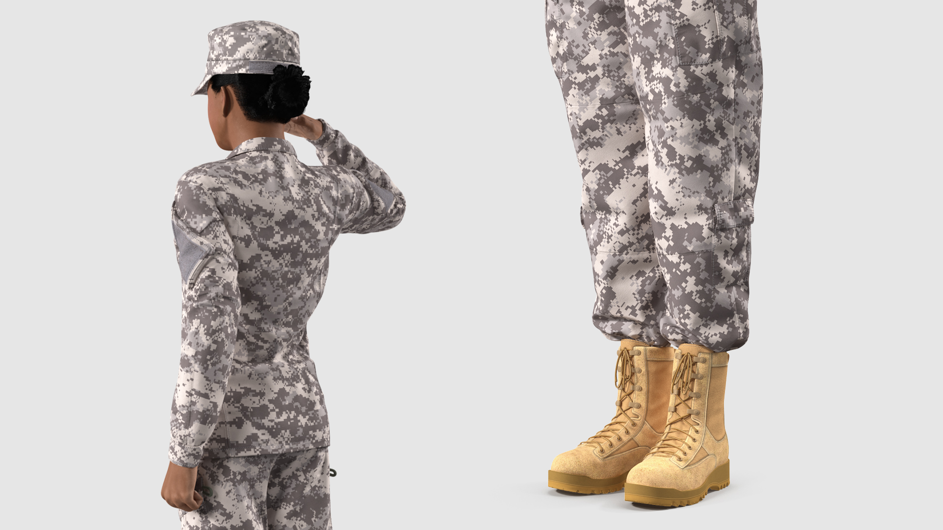 3D Black Female Soldier Military ACU Saluting Pose Fur