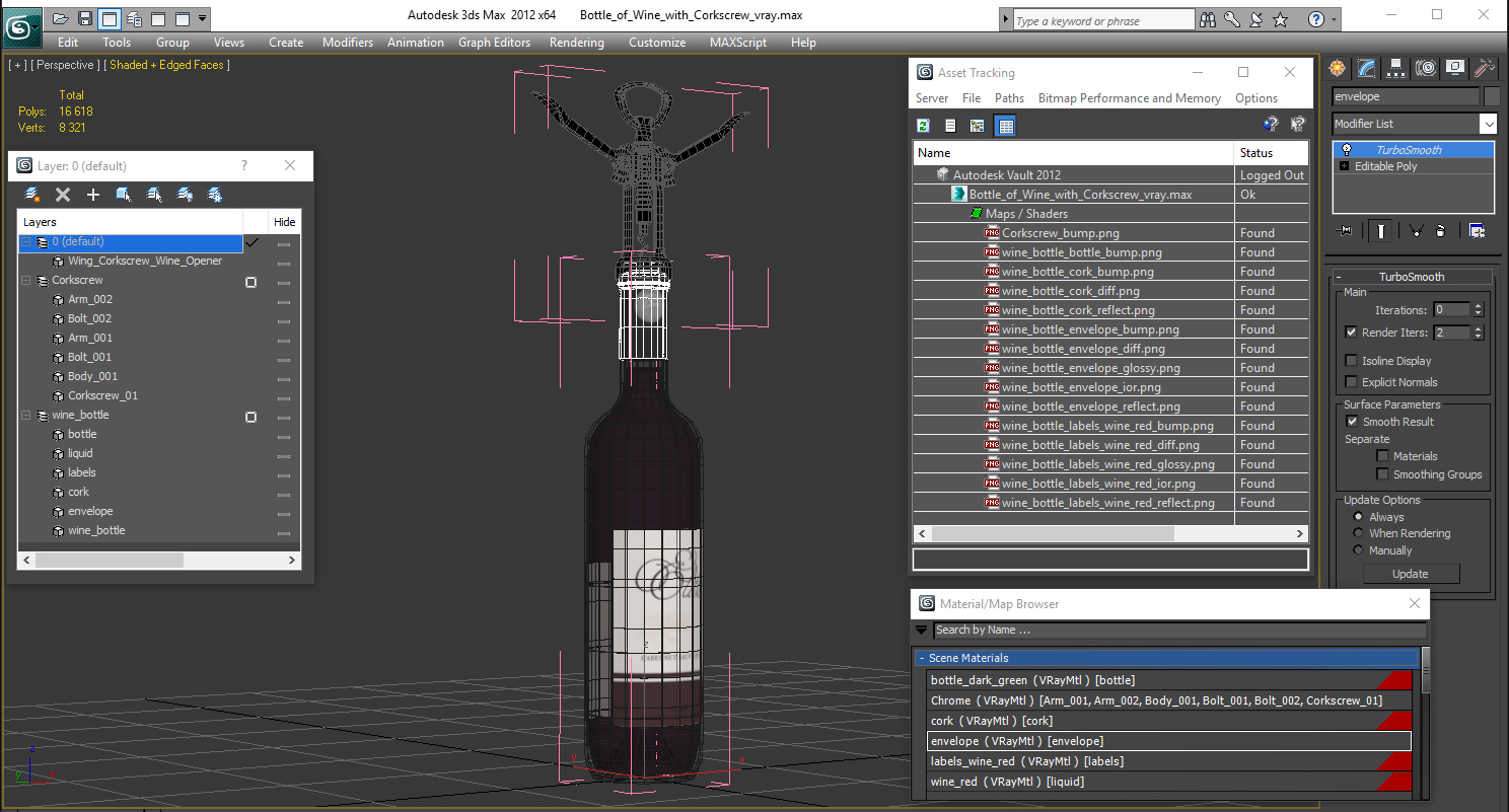 Bottle of Wine with Corkscrew 3D model