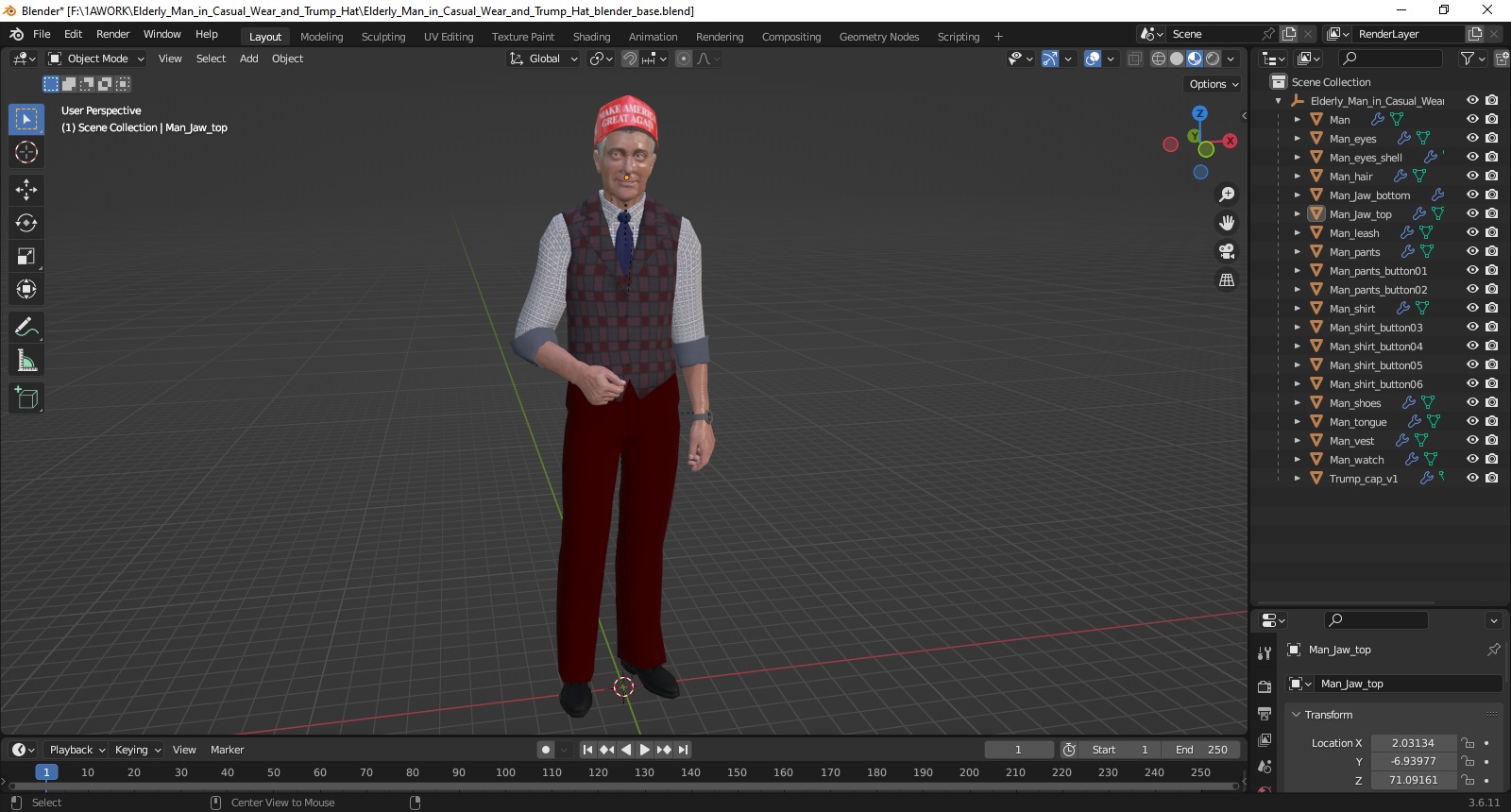 3D model Elderly Man in Casual Wear and Trump Hat