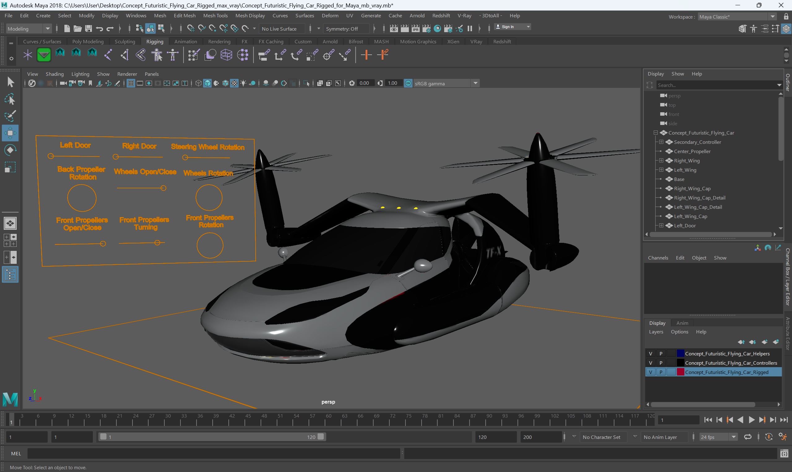 3D model Concept Futuristic Flying Car Rigged for Maya