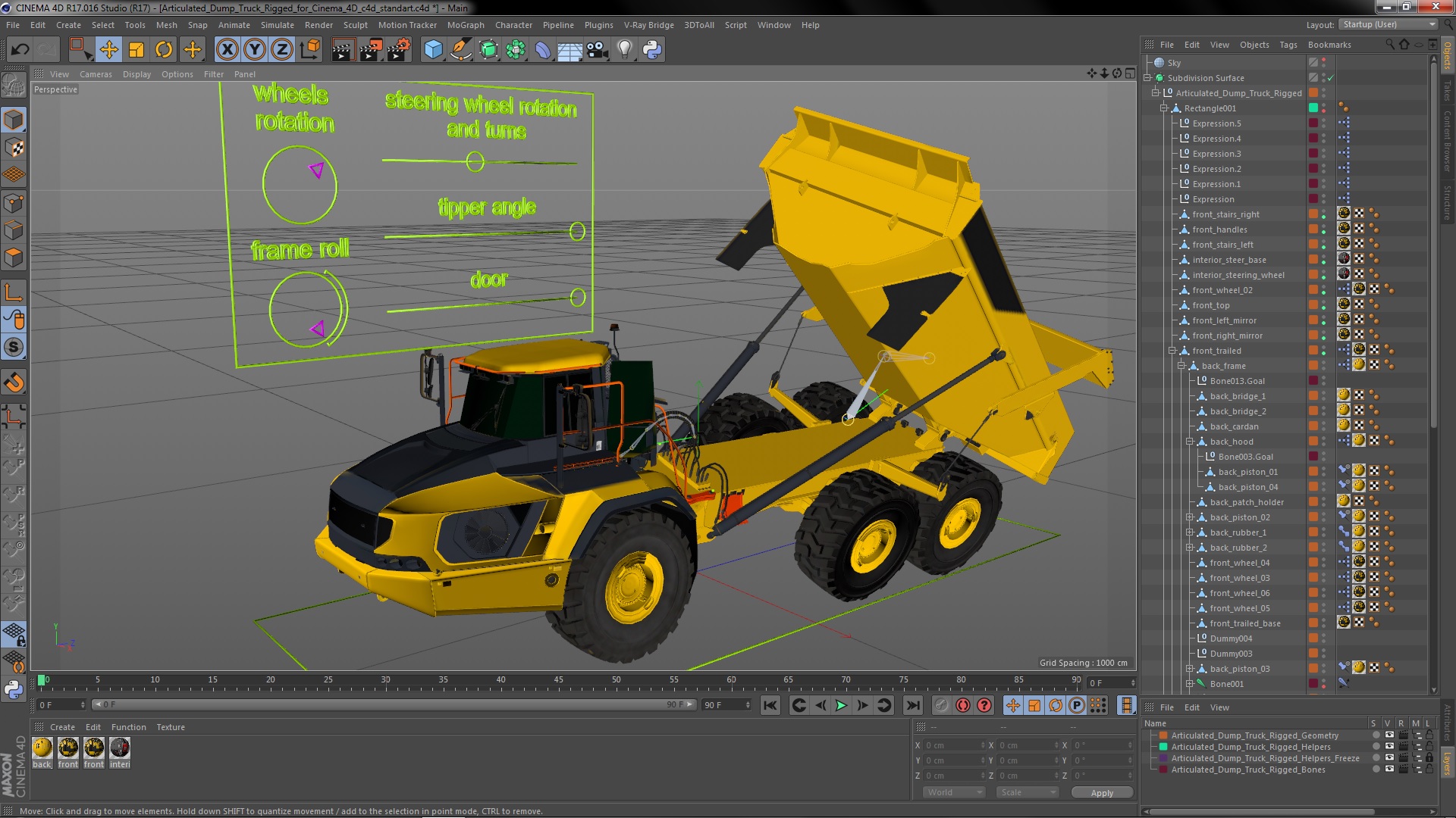 3D Articulated Dump Truck Rigged for Cinema 4D model