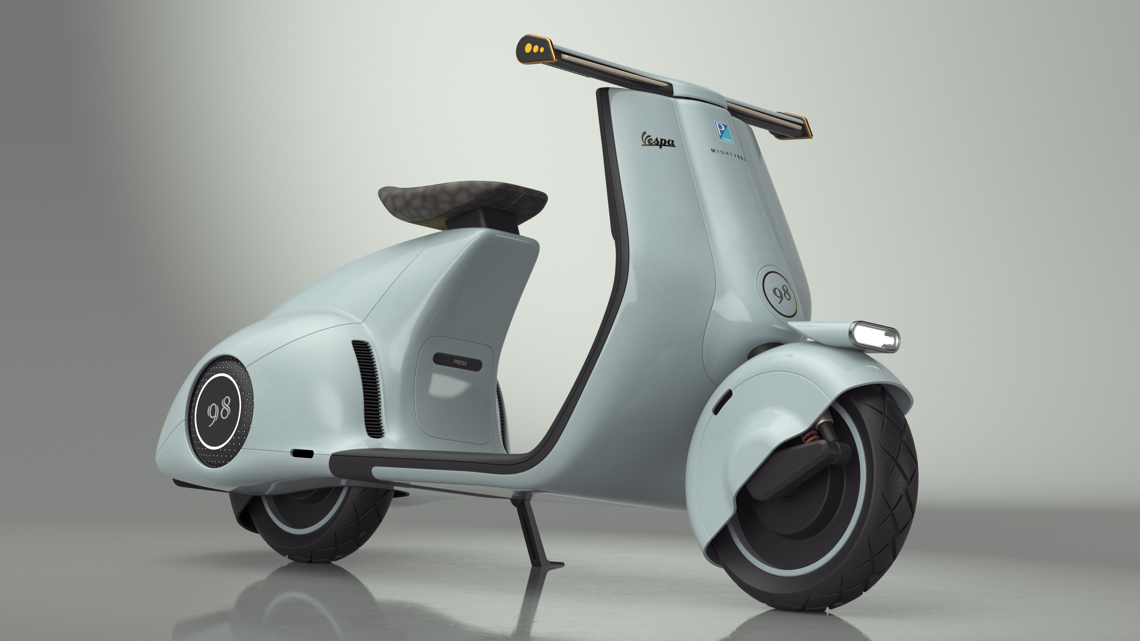 3D Futuristic Blue Electric Scooter Vespa 98 Parked Lights On model