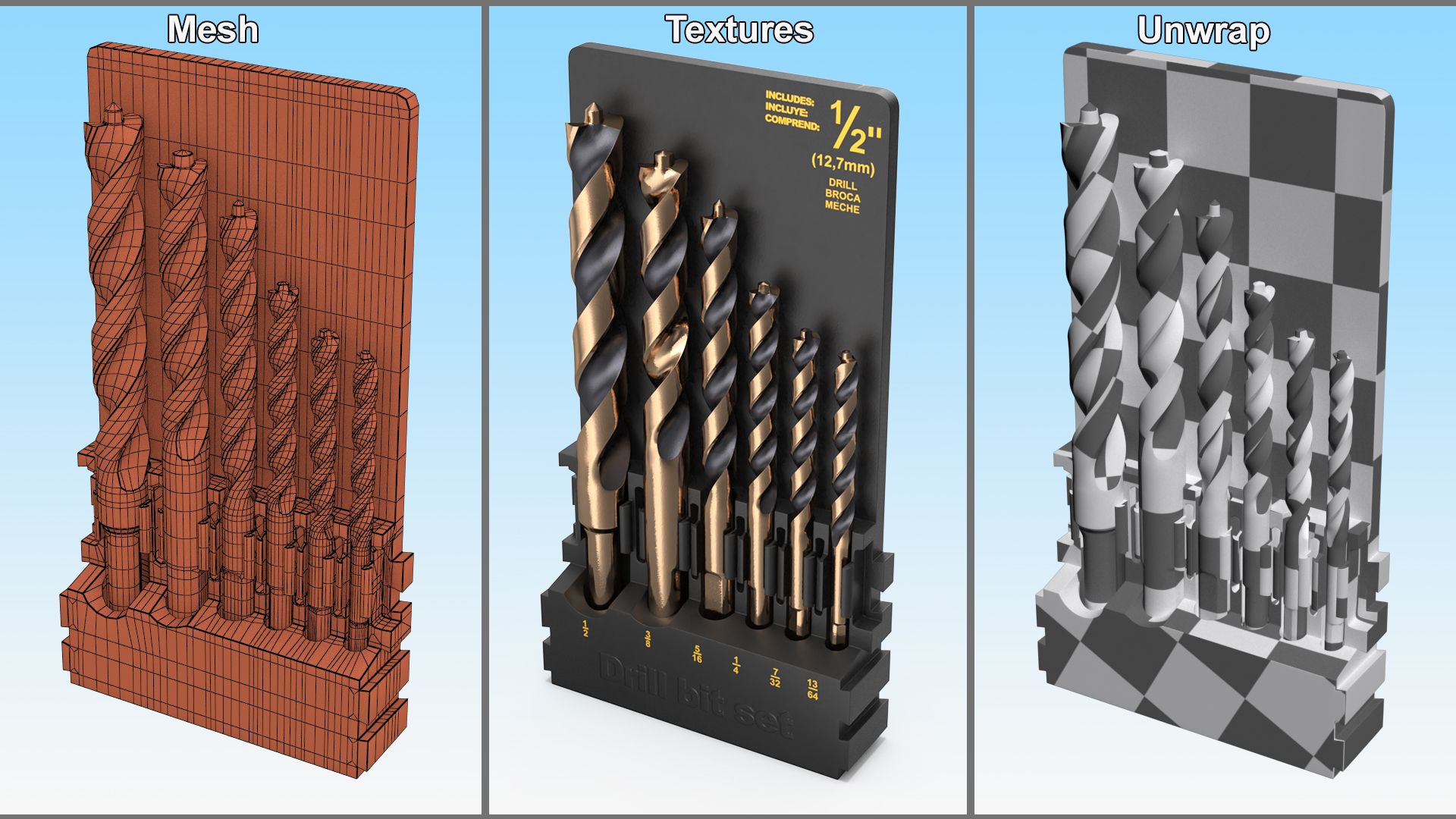 3D Gold Ferrous Pilot Point Drill Bit Set model