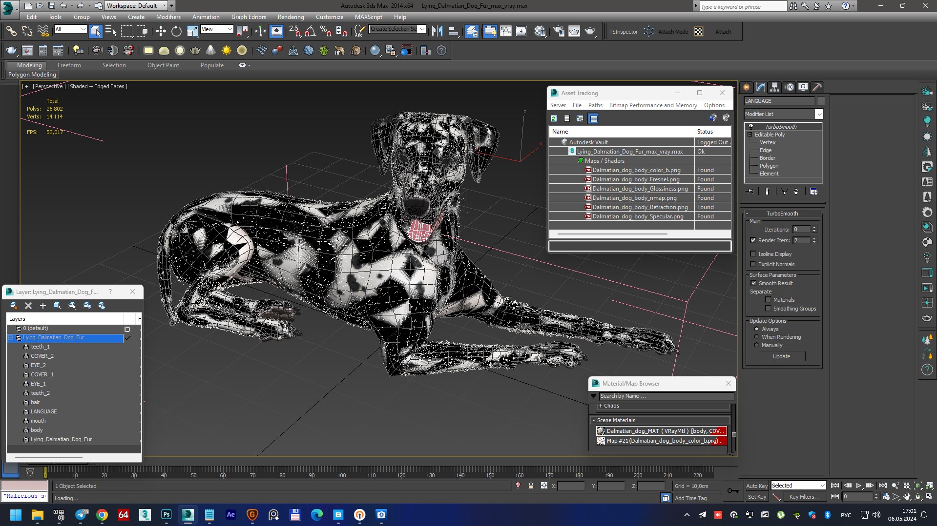 3D Lying Dalmatian Dog Fur model