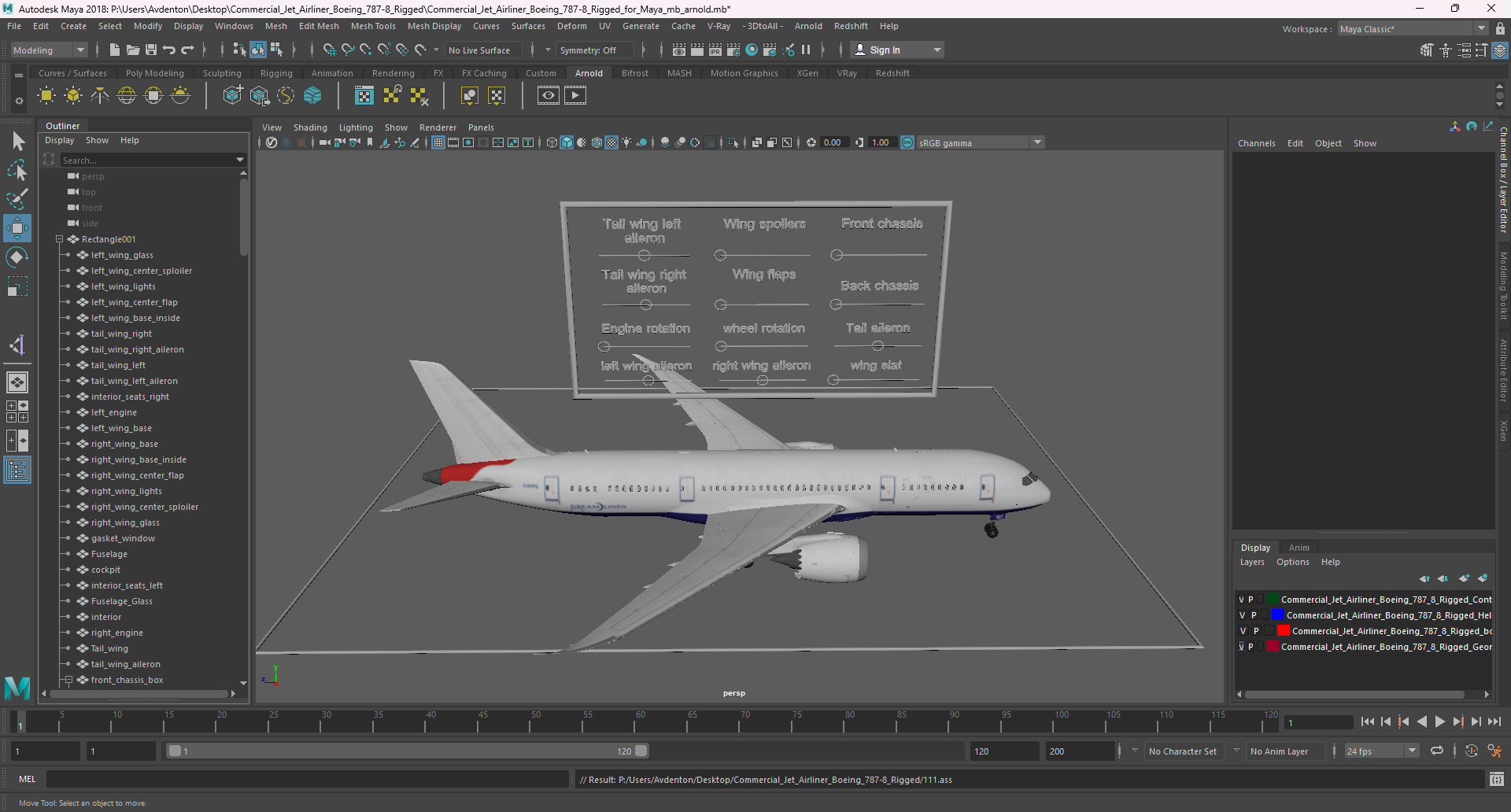 Commercial Jet Airliner Boeing 787-8 Rigged for Maya 3D