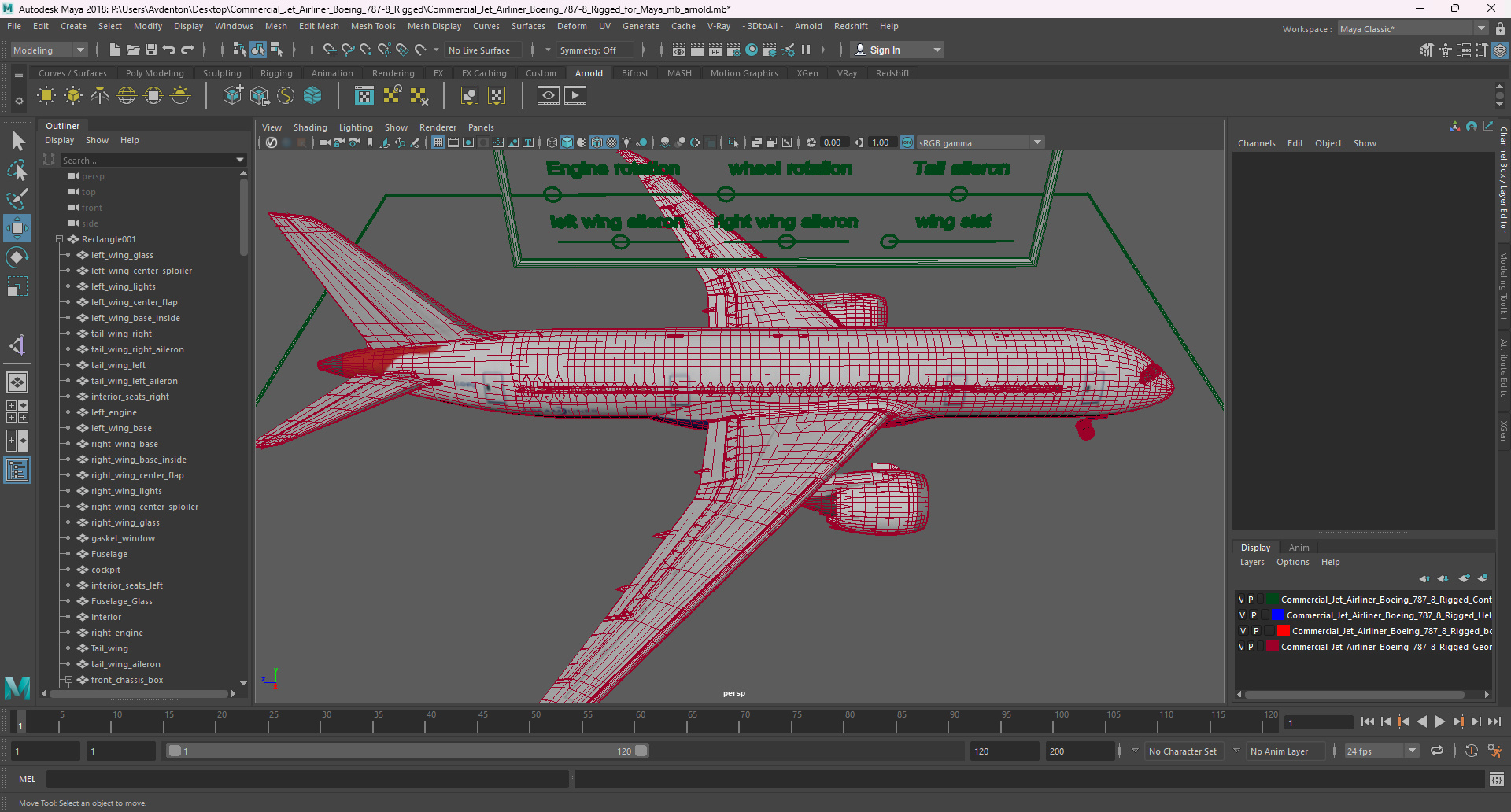 Commercial Jet Airliner Boeing 787-8 Rigged for Maya 3D