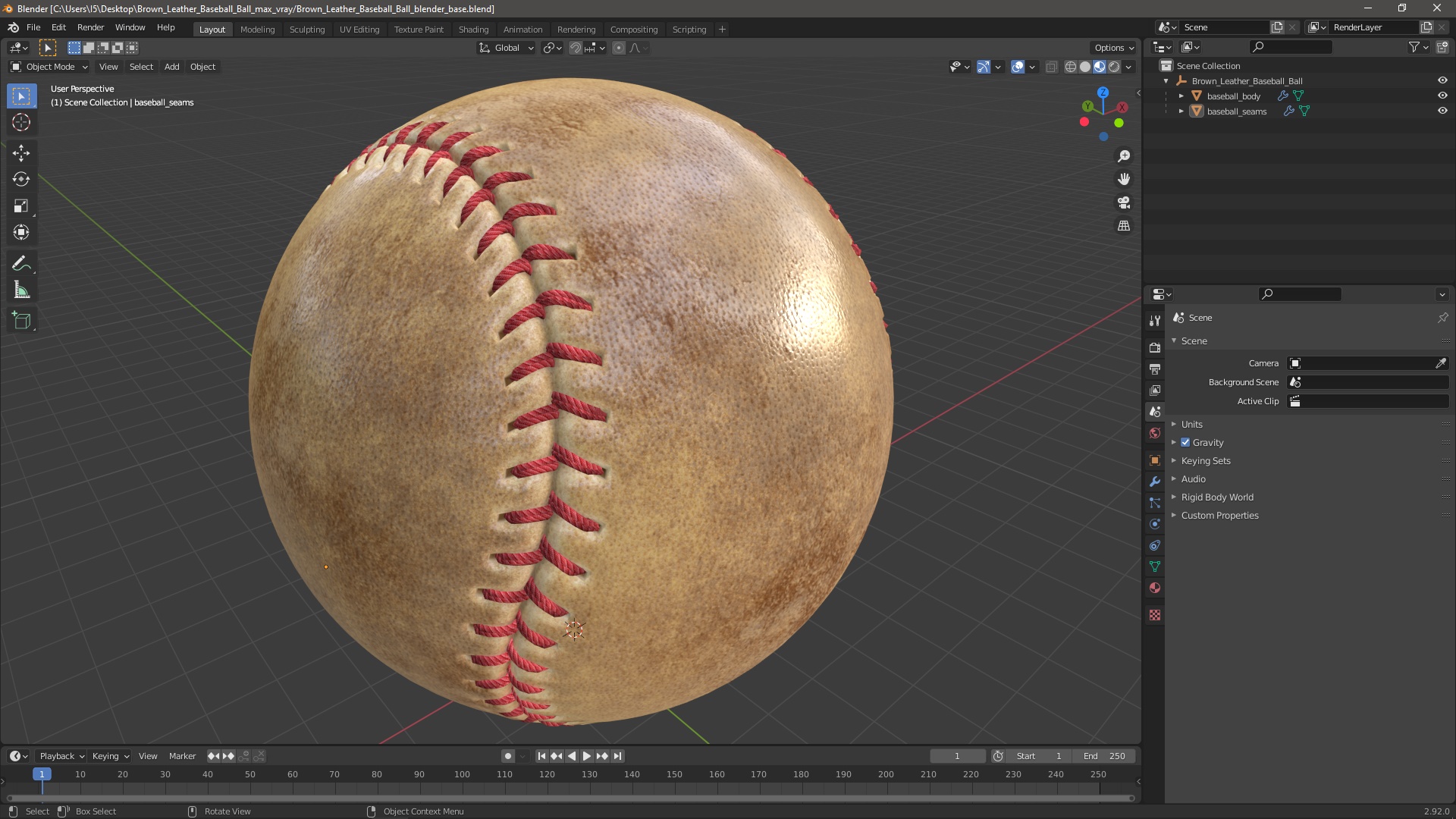 Brown Leather Baseball Ball 3D