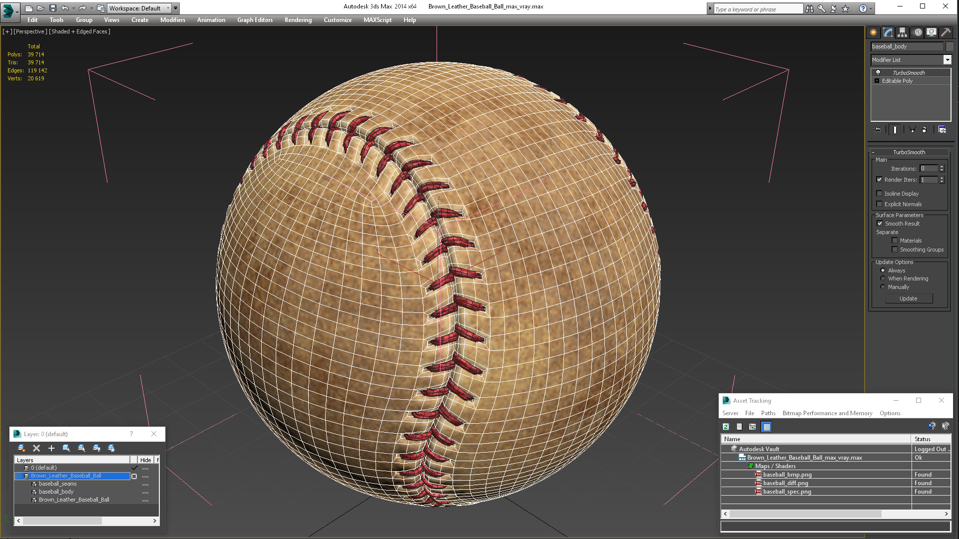 Brown Leather Baseball Ball 3D