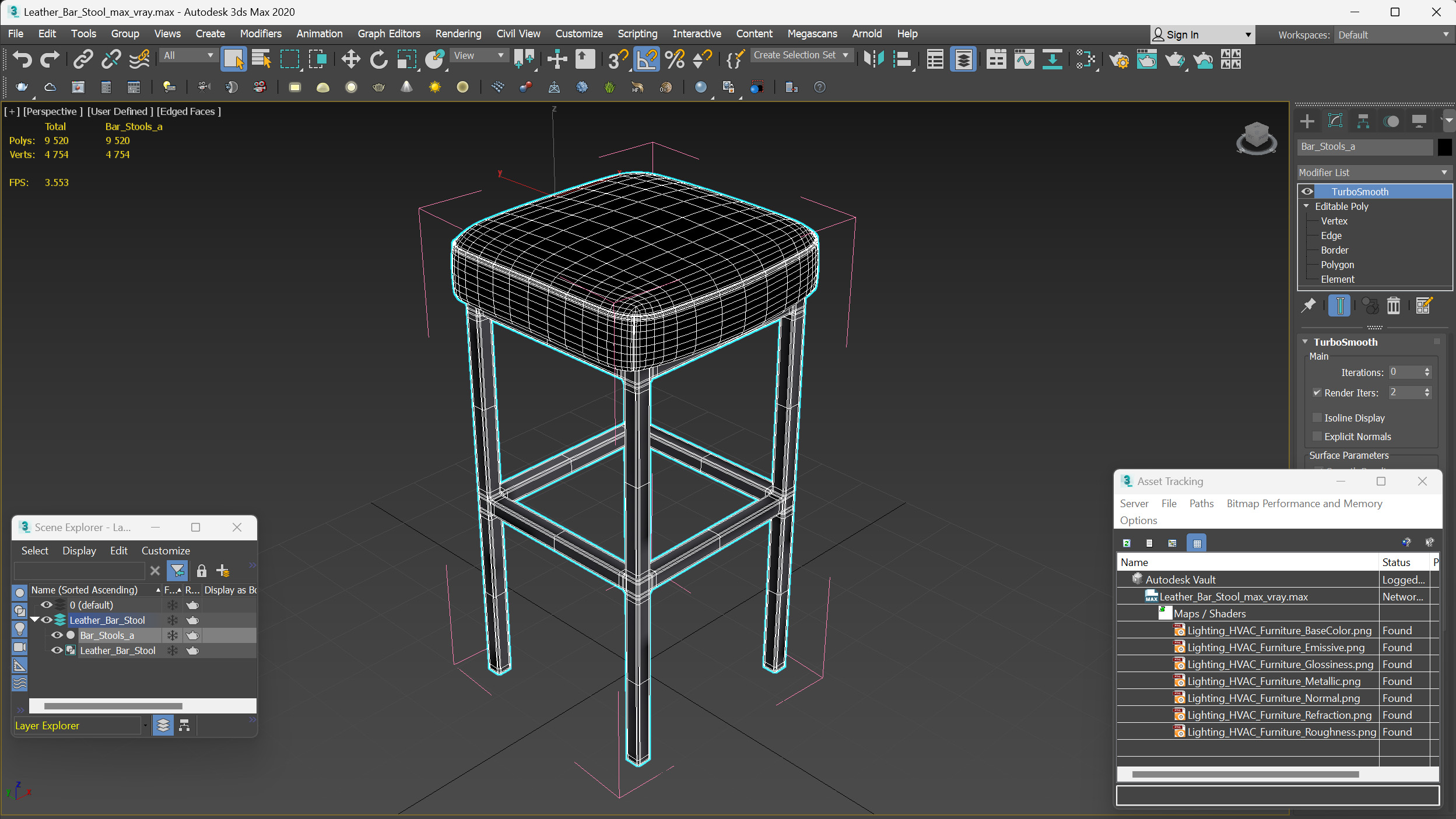 Leather Bar Stool 3D