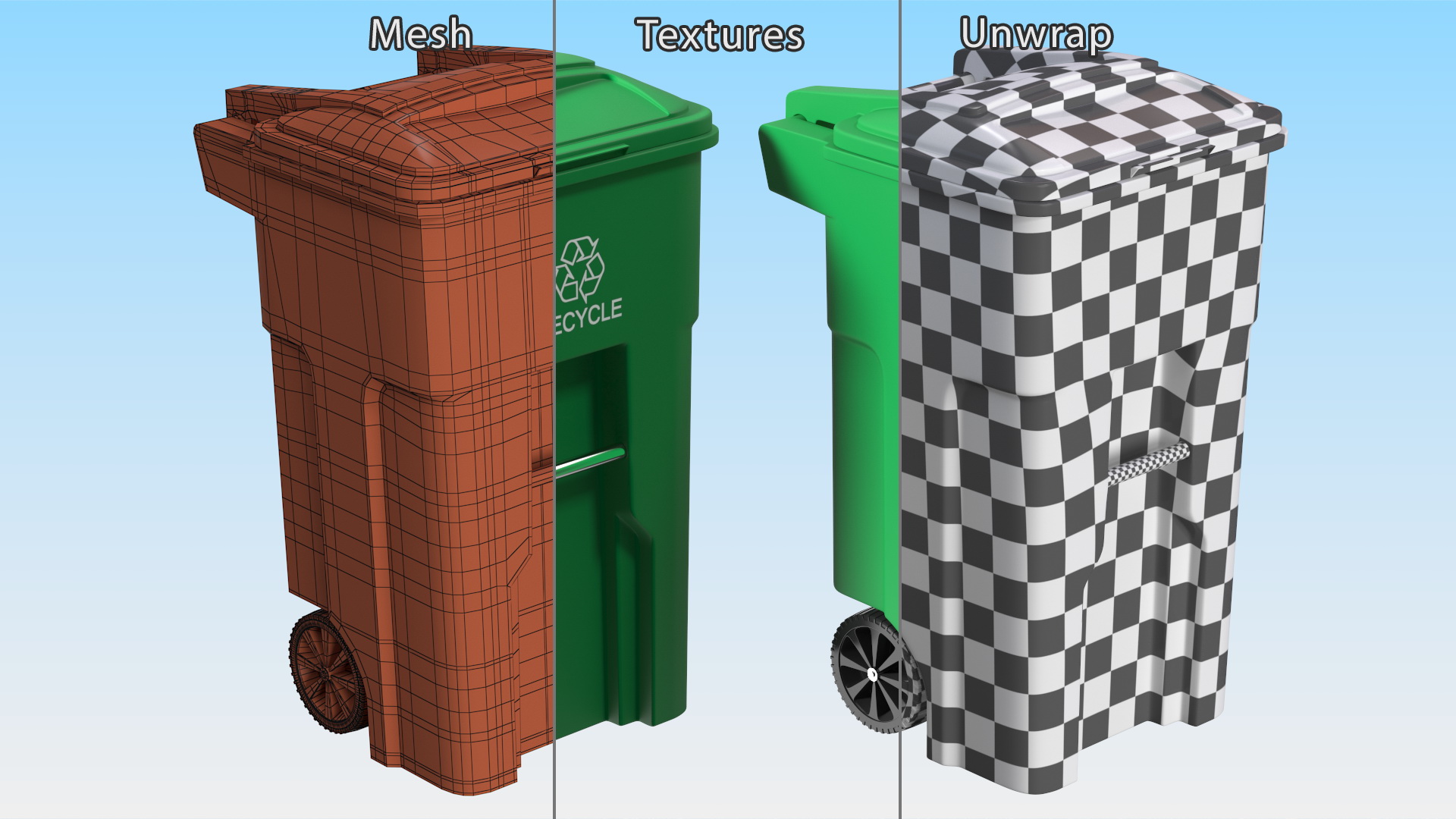 3D Green Plastic Wheeled Recycling Trash Can