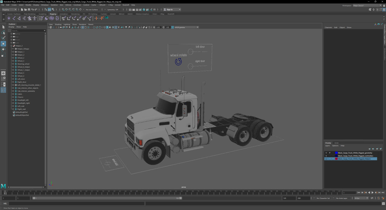 3D Mack Cargo Truck White Rigged for Maya model