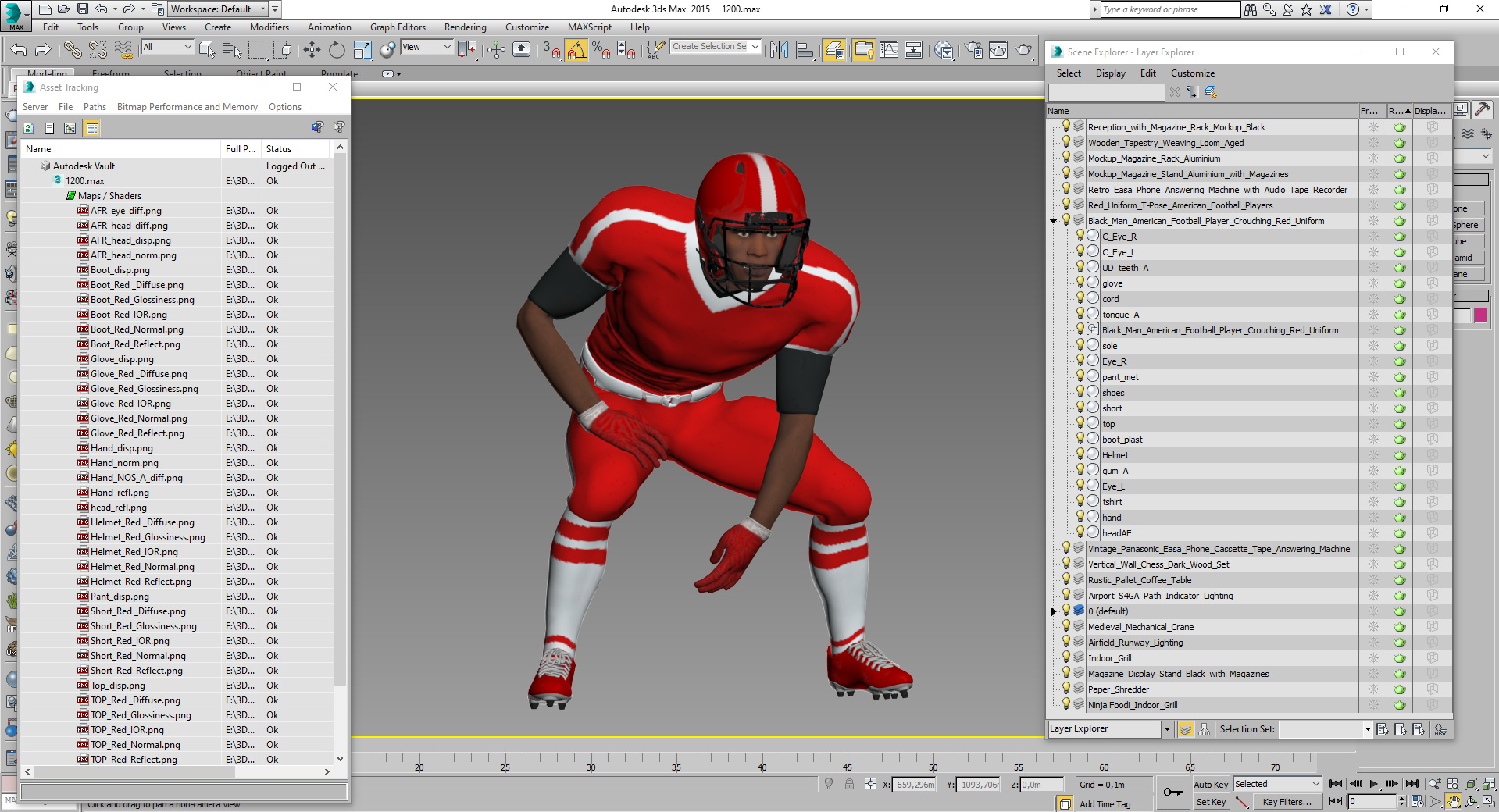 3D Black Man American Football Player Crouching Red Uniform