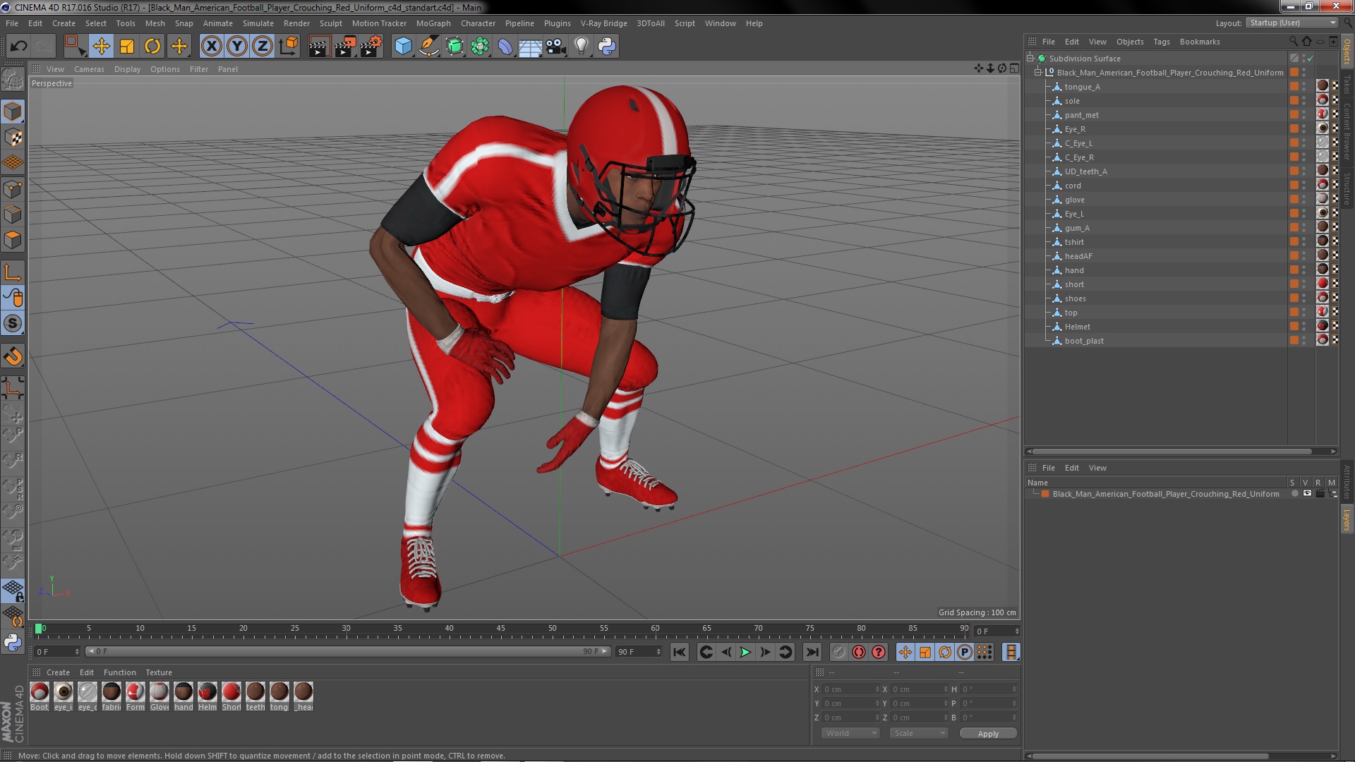 3D Black Man American Football Player Crouching Red Uniform