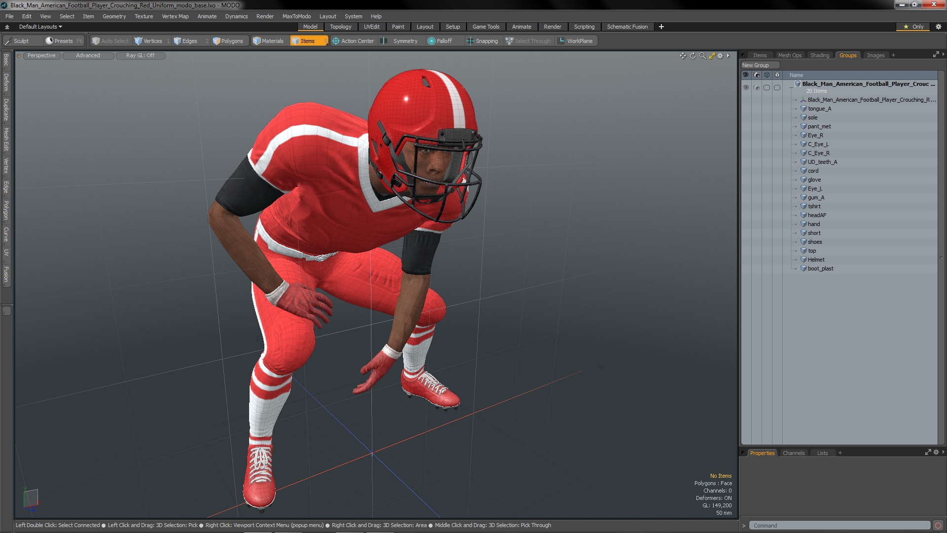 3D Black Man American Football Player Crouching Red Uniform