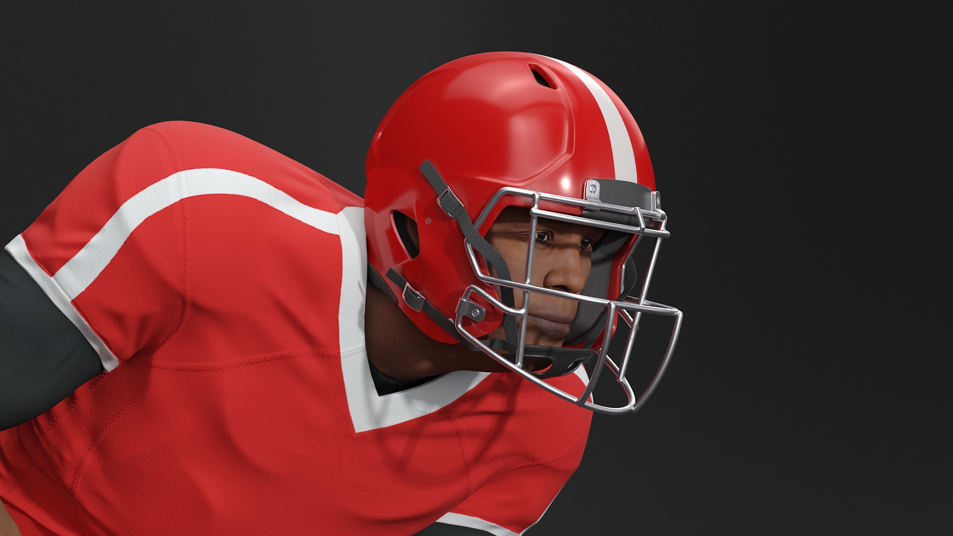 3D Black Man American Football Player Crouching Red Uniform