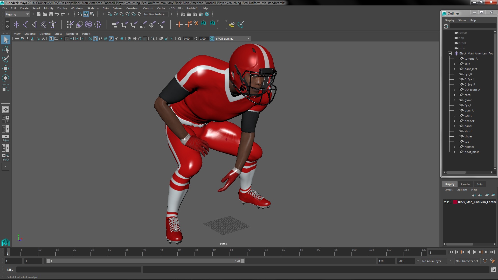 3D Black Man American Football Player Crouching Red Uniform