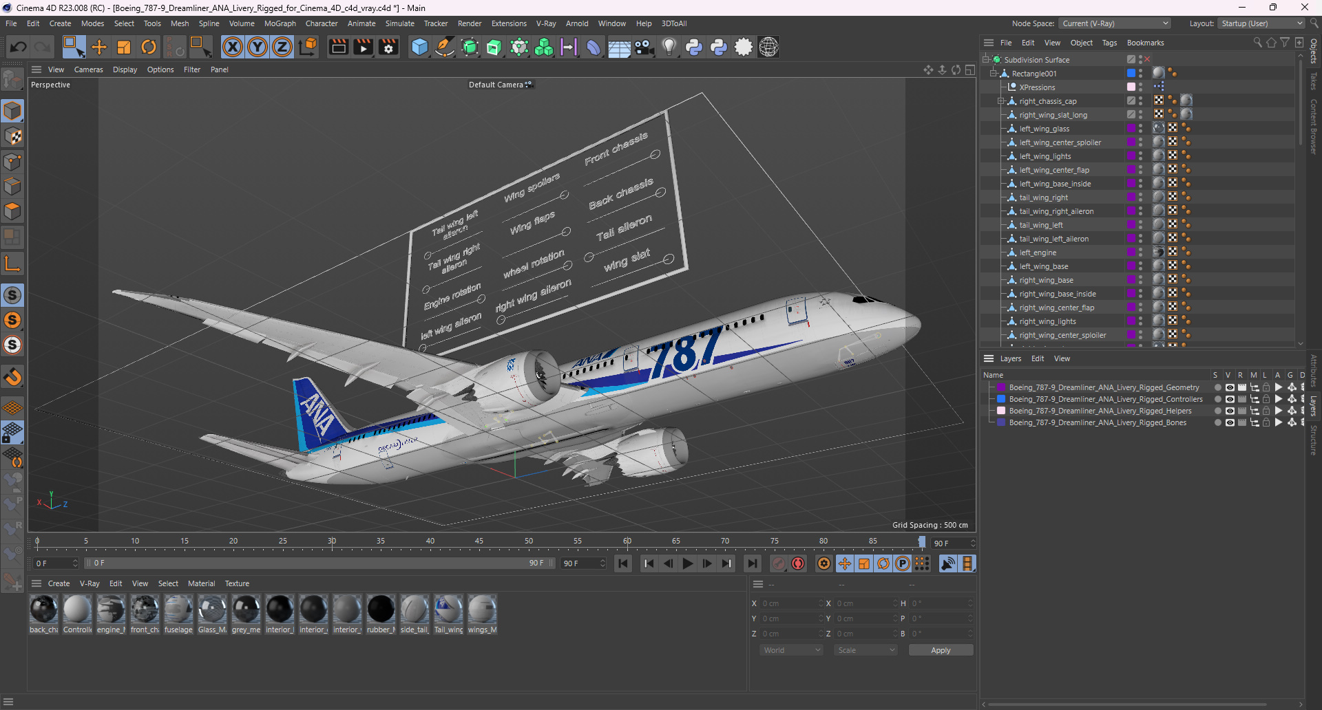 3D model Boeing 787-9 Dreamliner ANA Livery Rigged for Cinema 4D