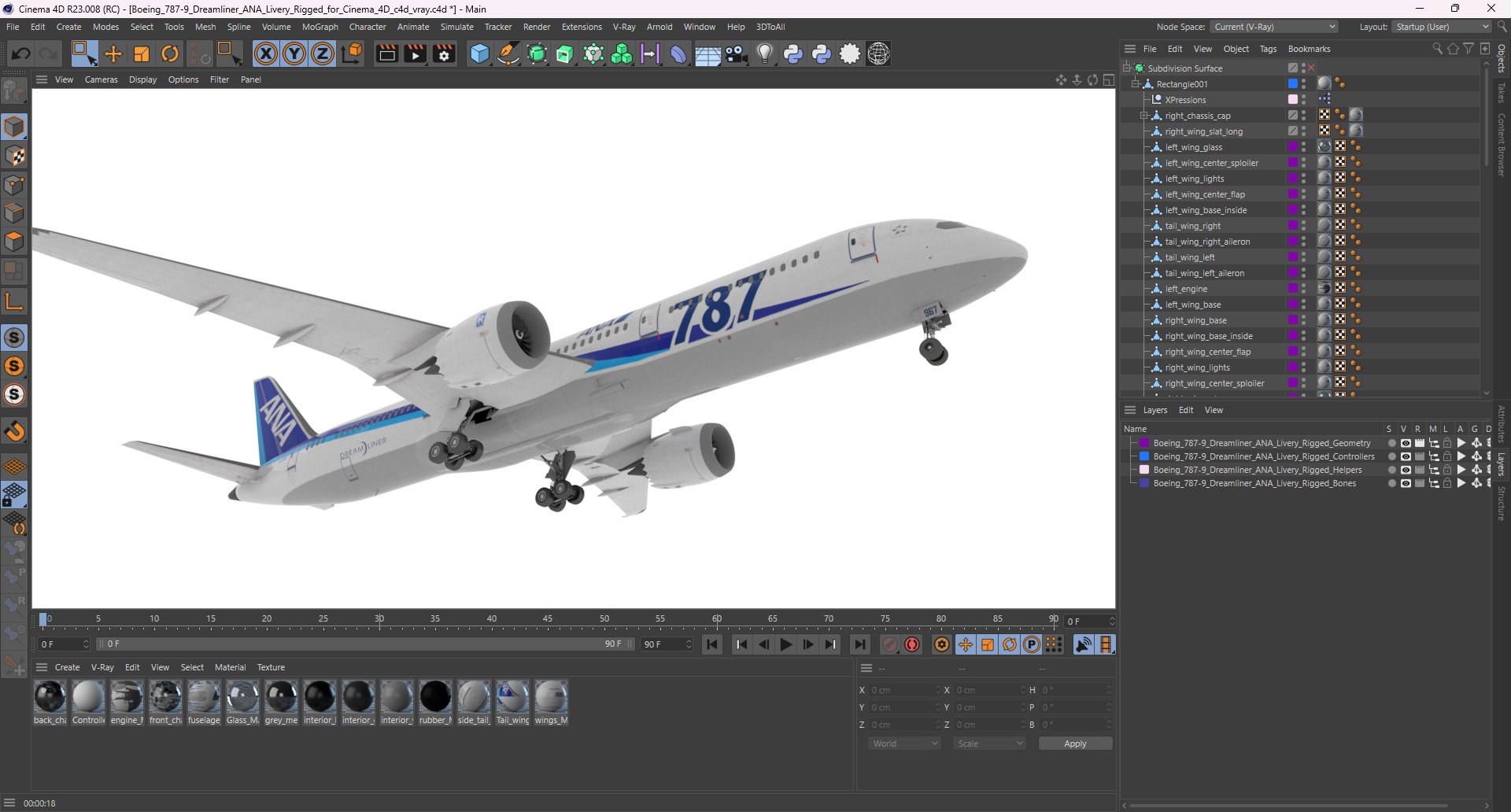 3D model Boeing 787-9 Dreamliner ANA Livery Rigged for Cinema 4D