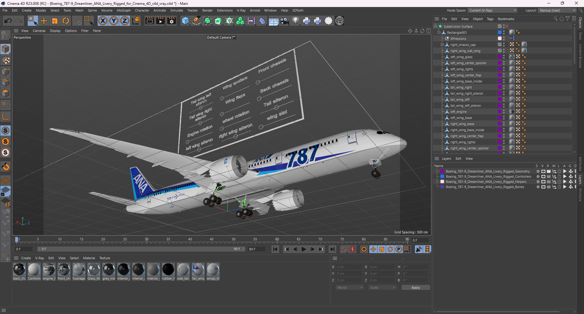 3D model Boeing 787-9 Dreamliner ANA Livery Rigged for Cinema 4D