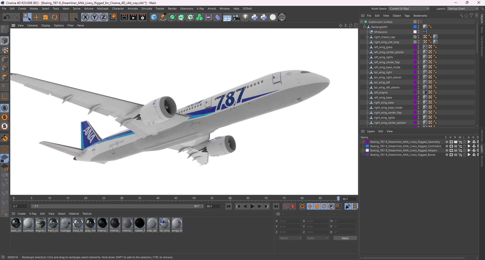 3D model Boeing 787-9 Dreamliner ANA Livery Rigged for Cinema 4D