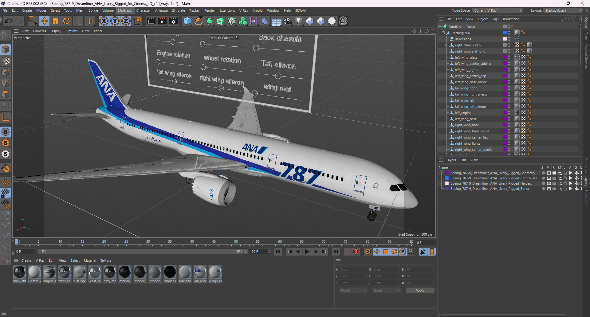 3D model Boeing 787-9 Dreamliner ANA Livery Rigged for Cinema 4D