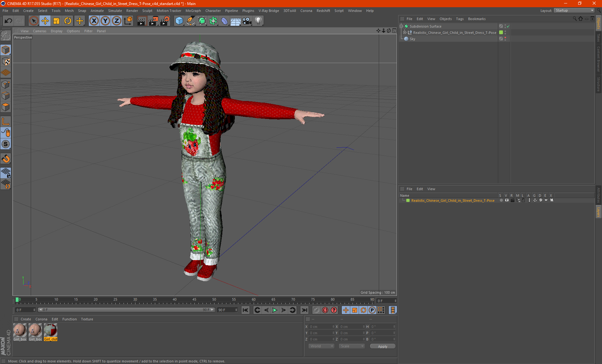 3D Realistic Chinese Girl Child in Street Dress T-Pose