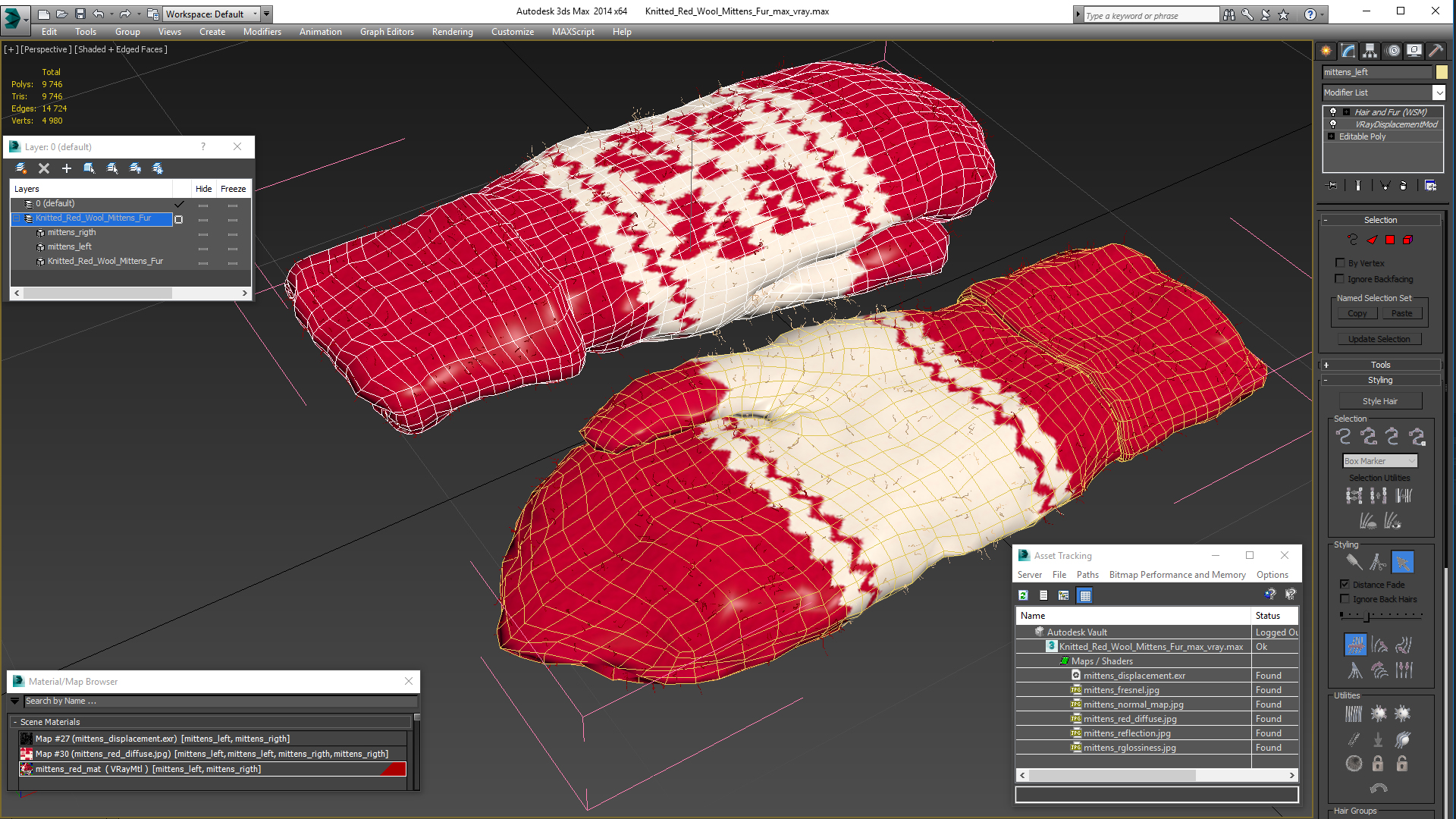 3D Knitted Red Wool Mittens Fur model