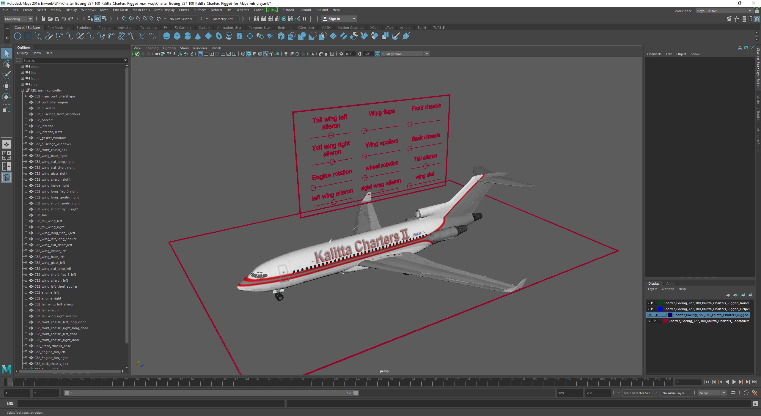 3D model Charter Boeing 727-100 Kalitta Charters Rigged for Maya