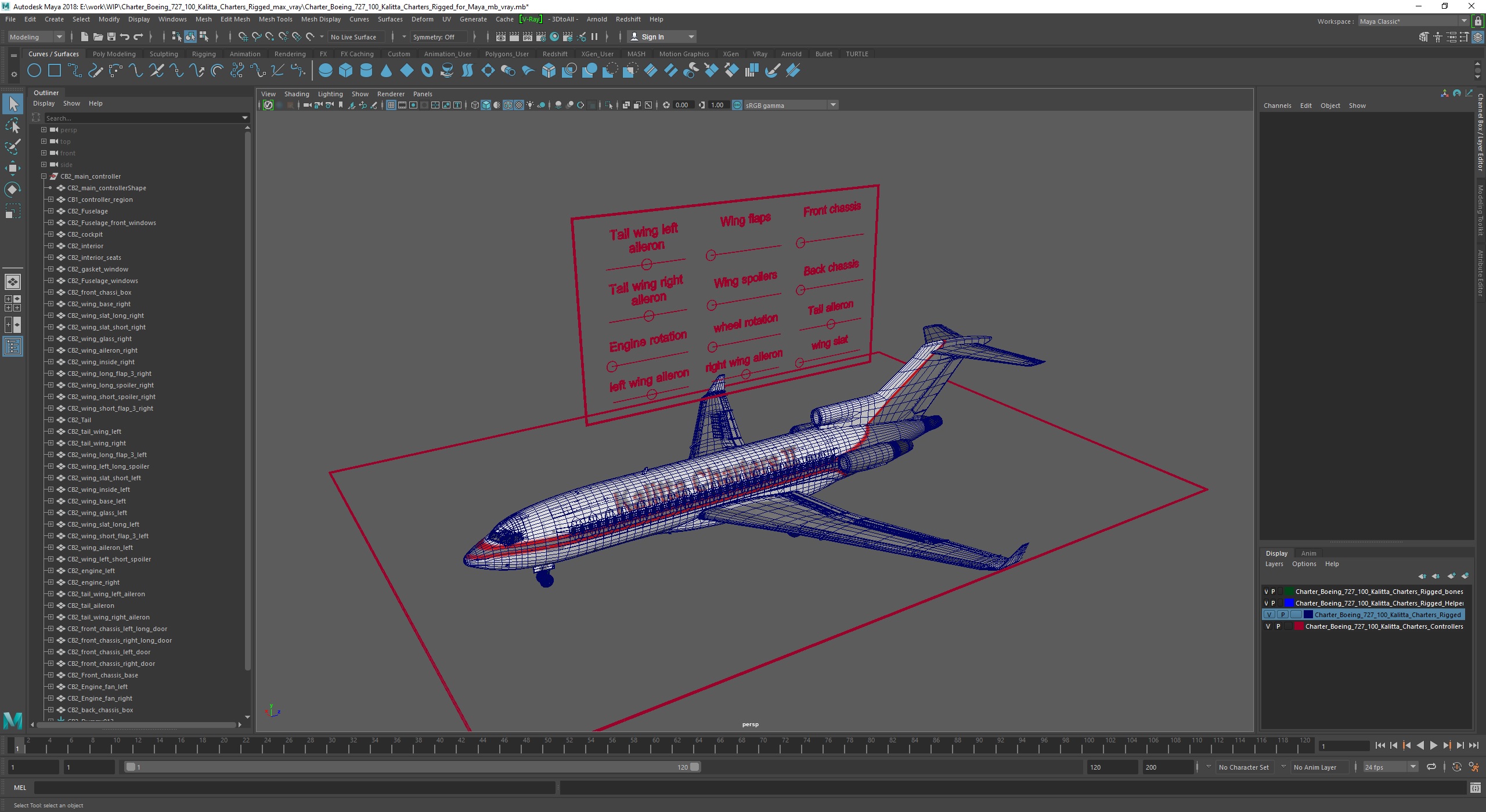 3D model Charter Boeing 727-100 Kalitta Charters Rigged for Maya