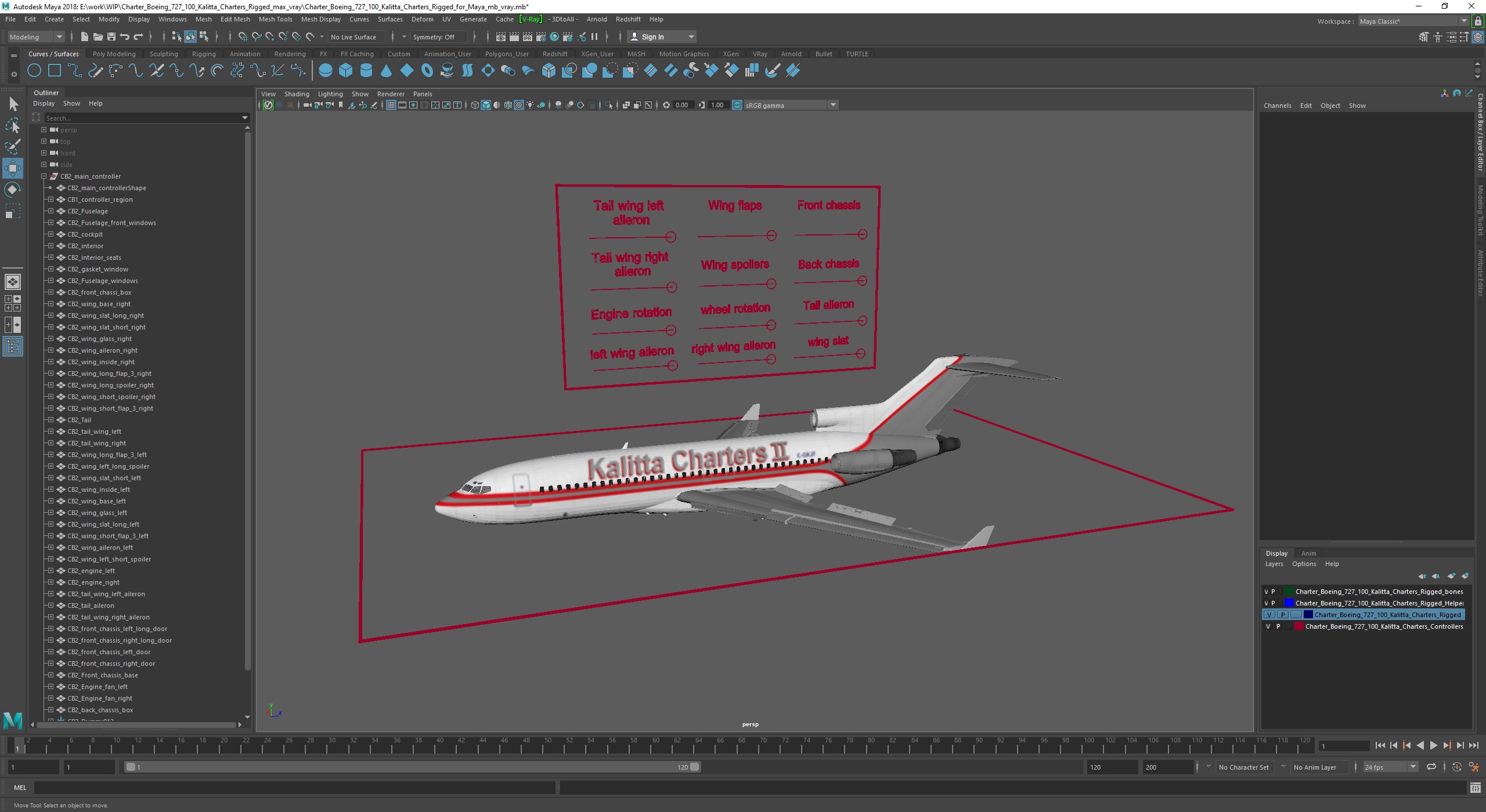 3D model Charter Boeing 727-100 Kalitta Charters Rigged for Maya