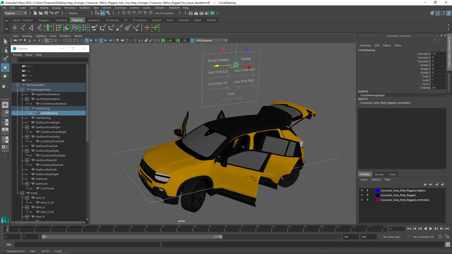 3D model Jeep Avenger Crossover Yellow Rigged for Maya