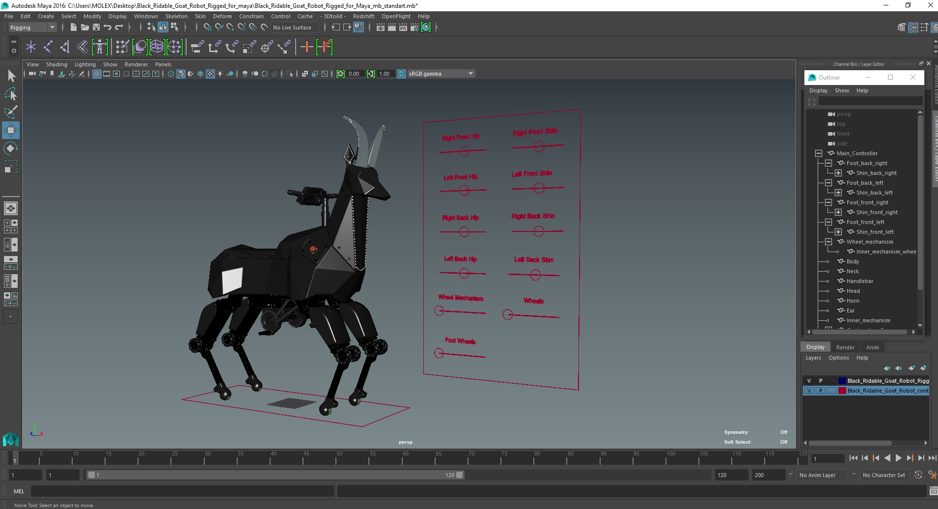 3D model Black Ridable Goat Robot Rigged for Maya