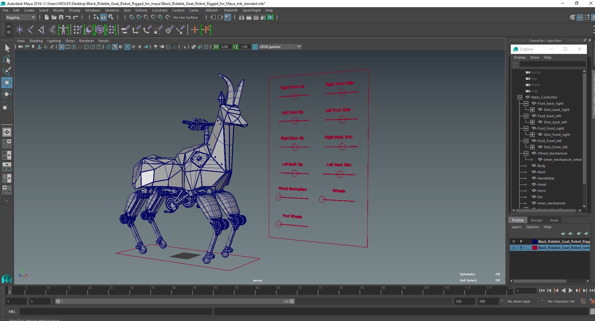 3D model Black Ridable Goat Robot Rigged for Maya