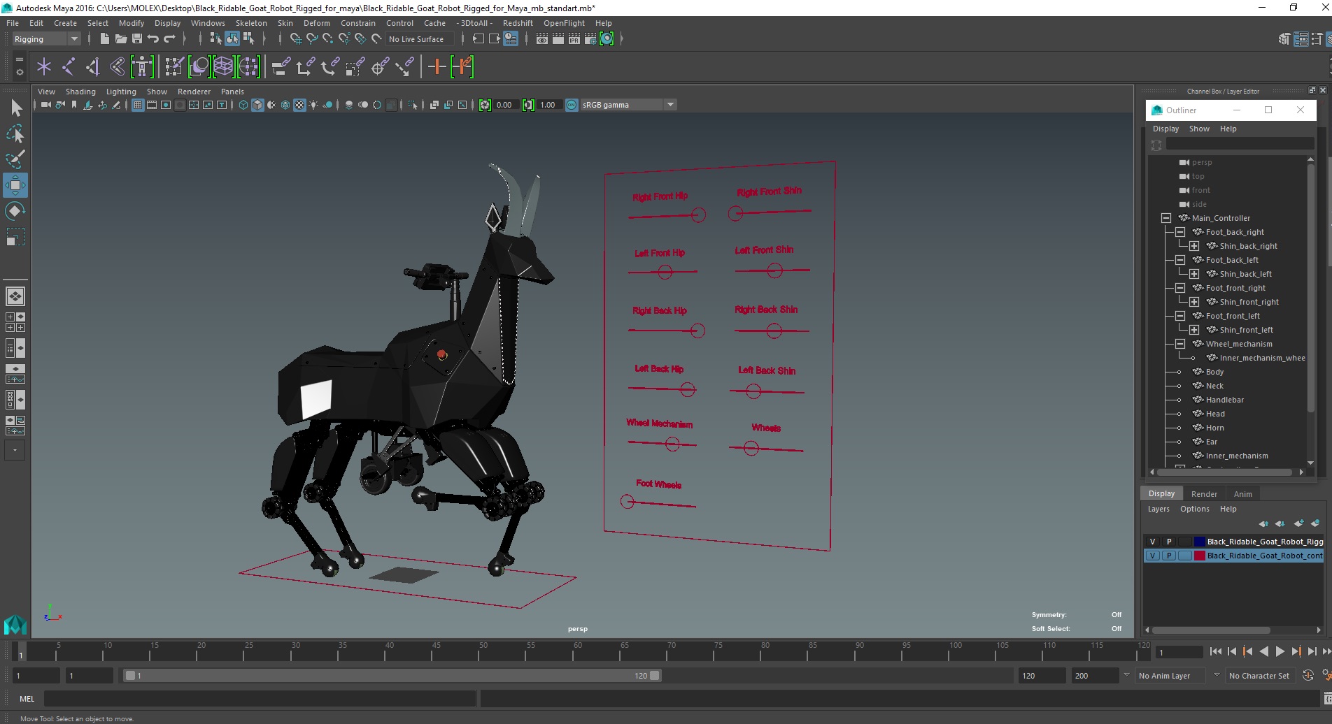 3D model Black Ridable Goat Robot Rigged for Maya