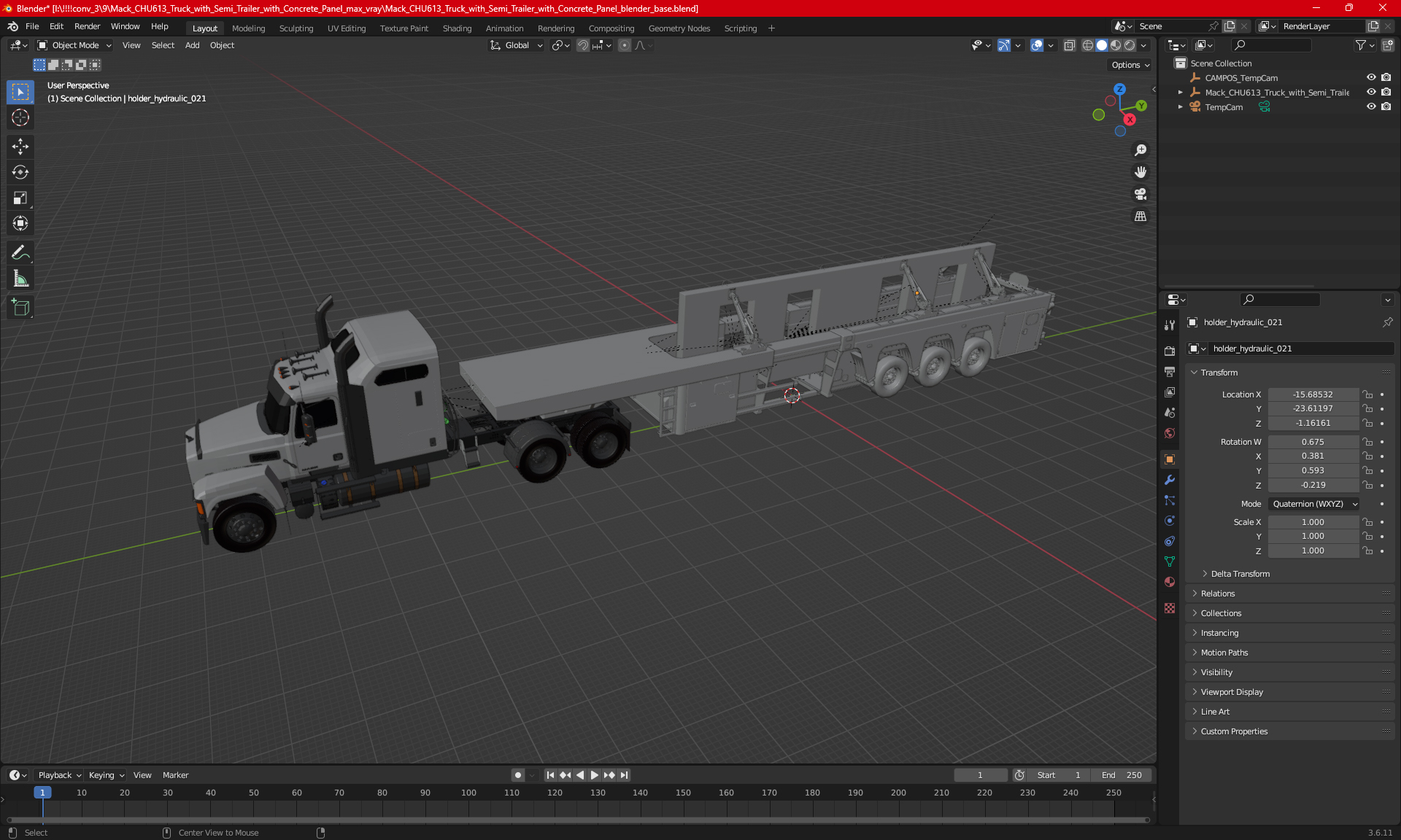 3D model Mack CHU613 Truck with Semi Trailer with Concrete Panel