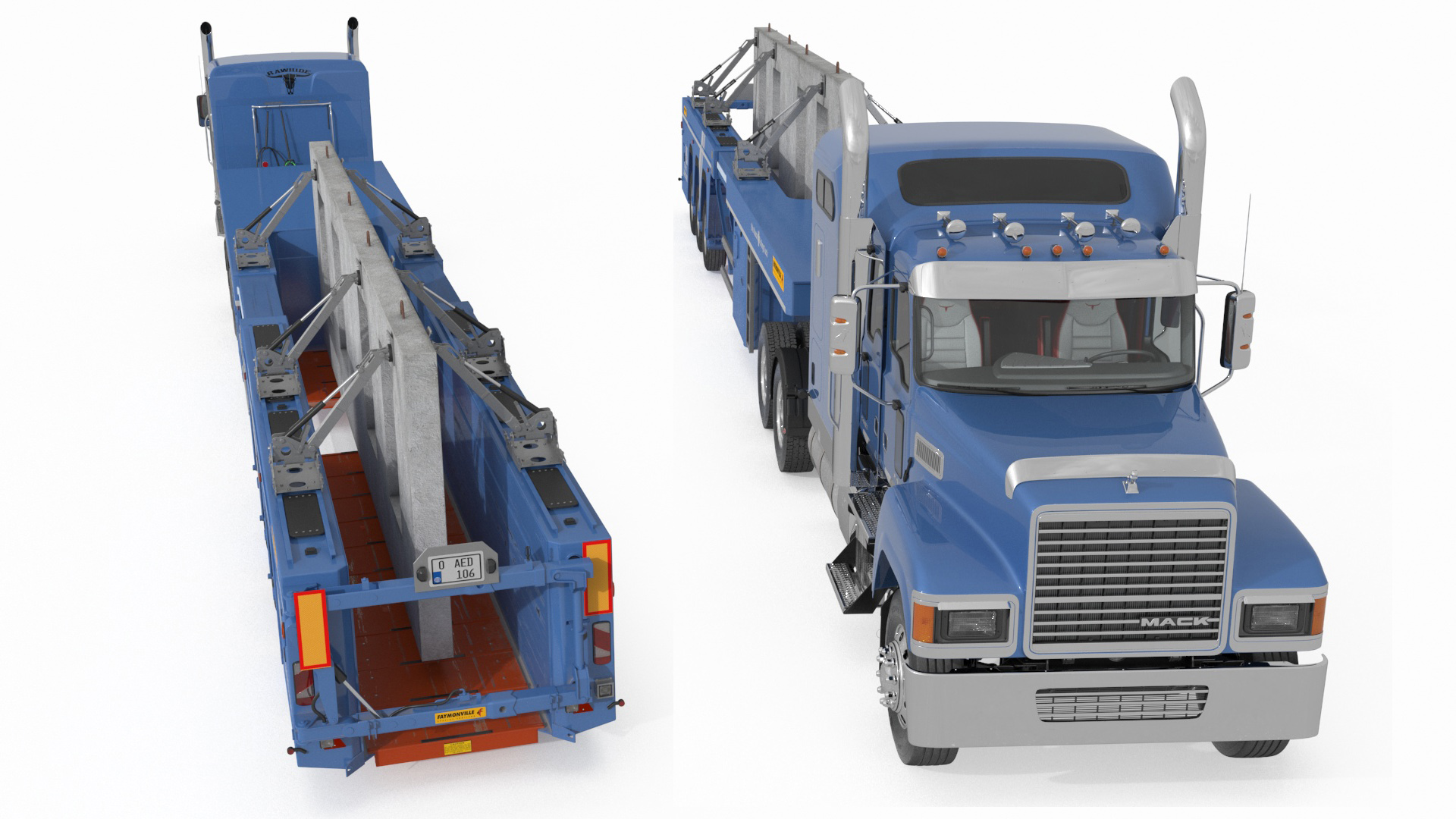 3D model Mack CHU613 Truck with Semi Trailer with Concrete Panel