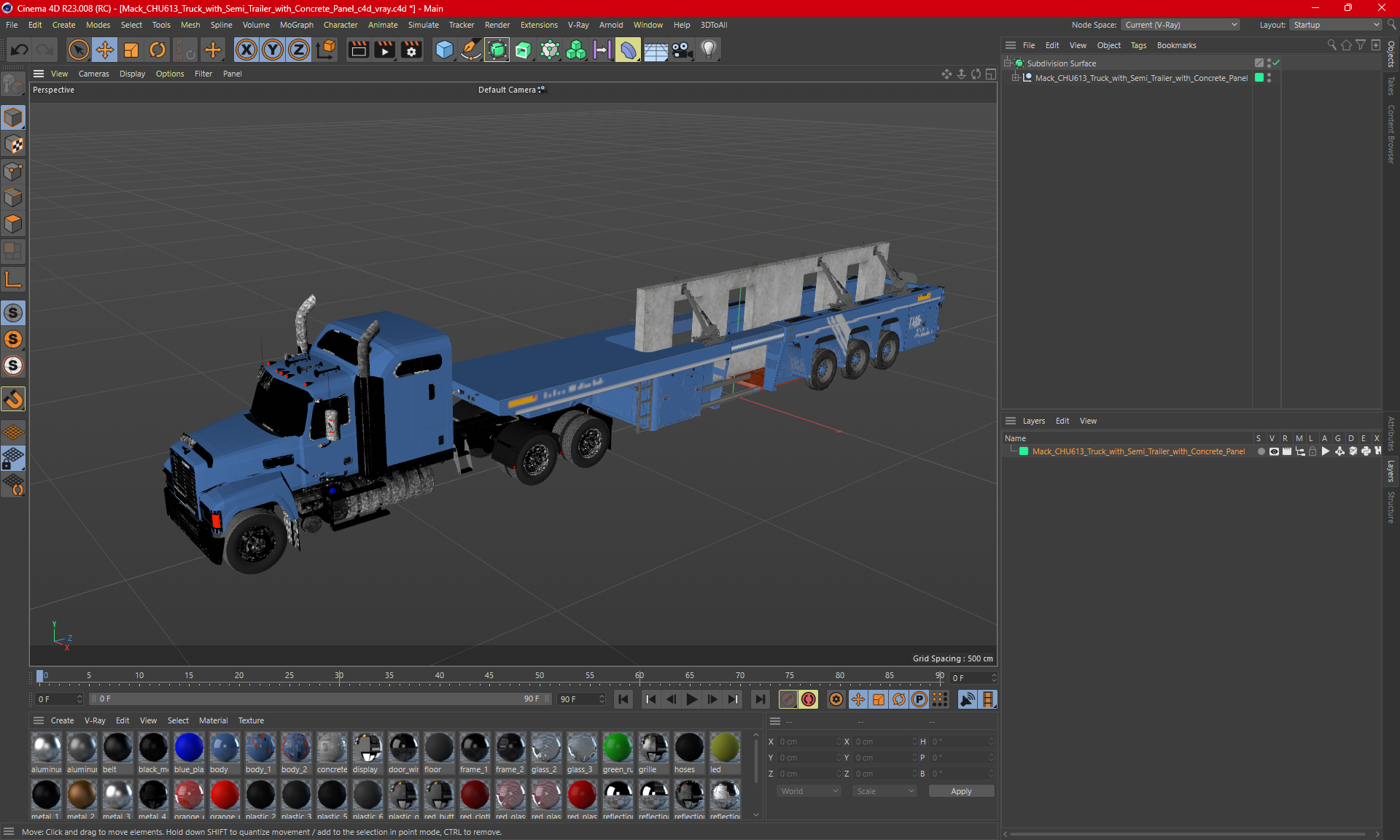 3D model Mack CHU613 Truck with Semi Trailer with Concrete Panel