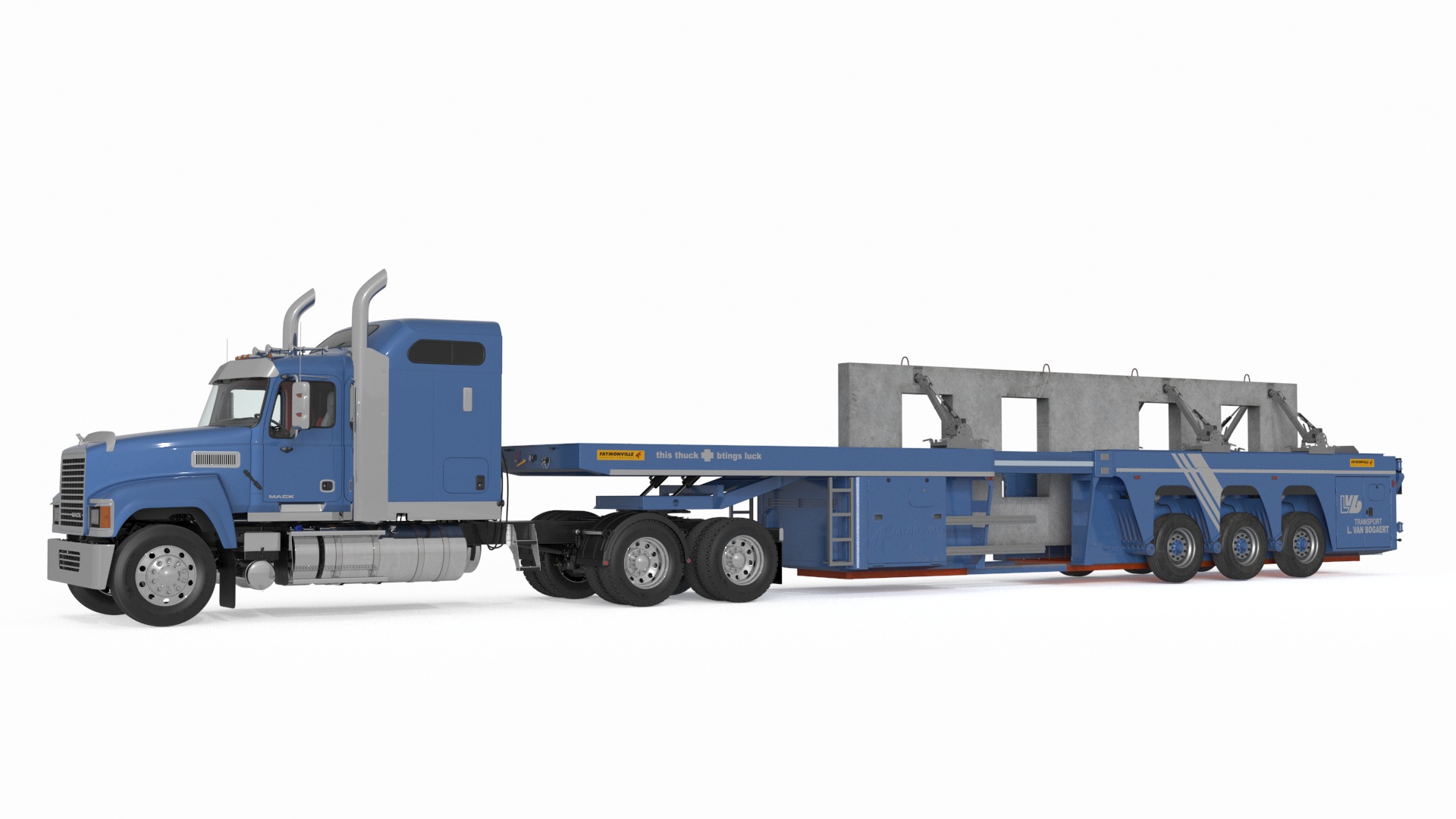 3D model Mack CHU613 Truck with Semi Trailer with Concrete Panel